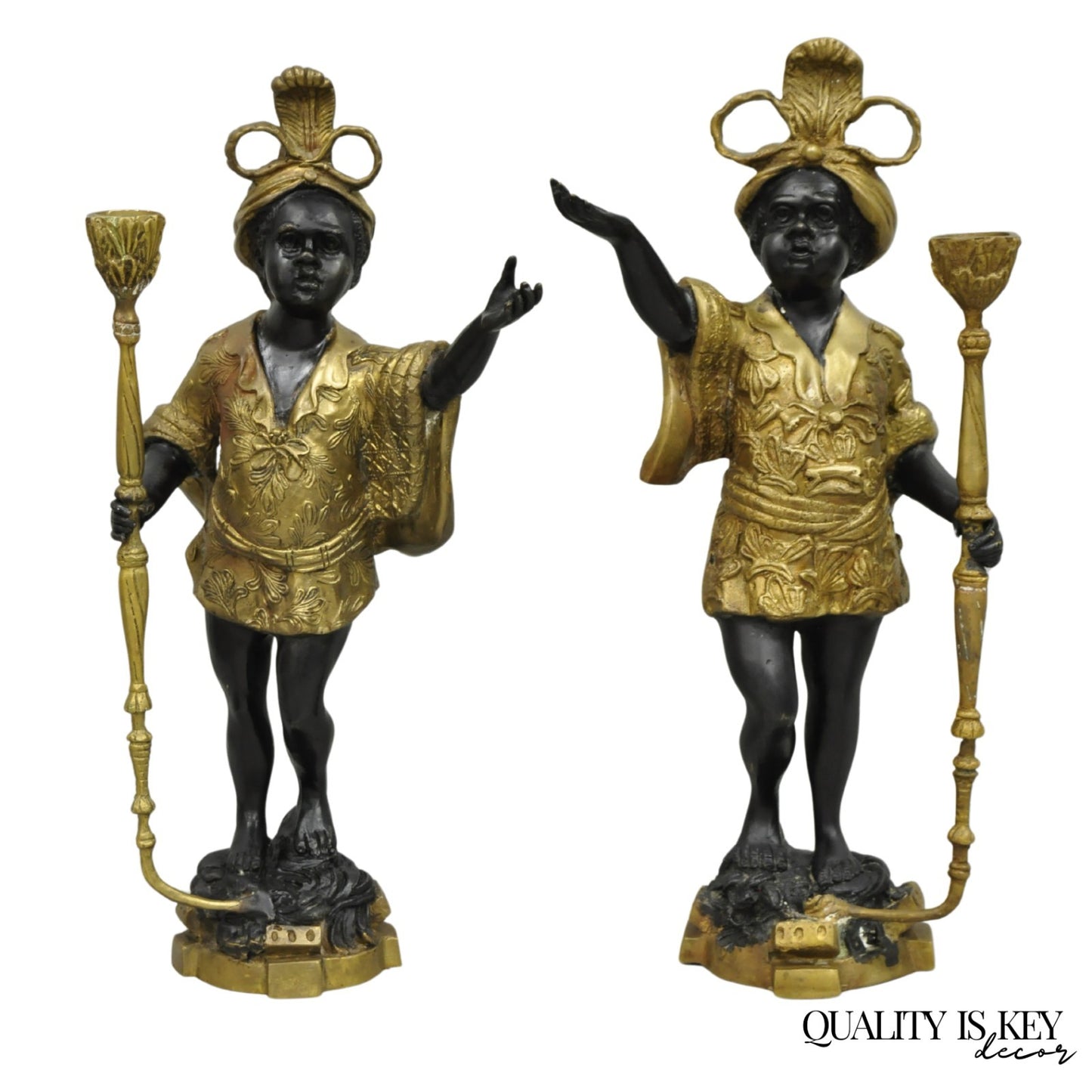 Vintage Moorish Venetian Blackamoor Figural Bronze Candelabra Candle Holder Pair