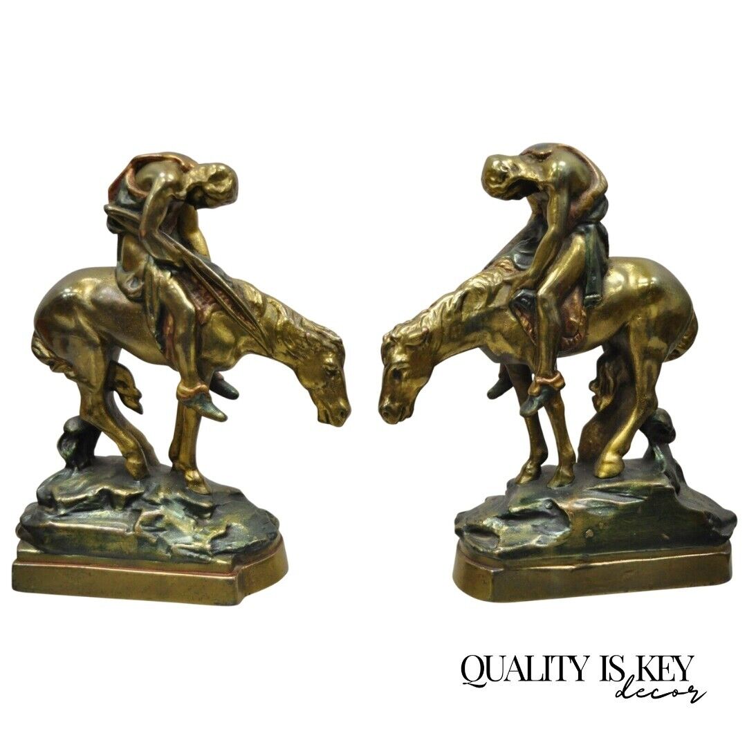 Vintage Bronze Clad 8" End of Trail Indian on Horse Figure Bookends - a Pair
