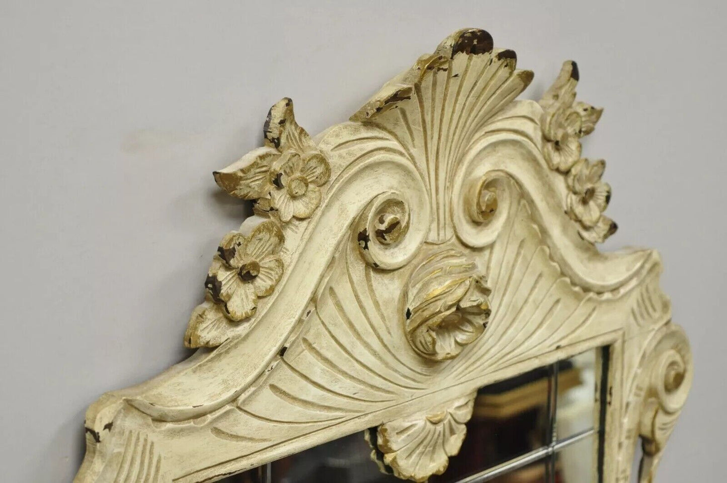 Antique Victorian White Shabby Distress Painted Chic Rose Carved Wall Mirror