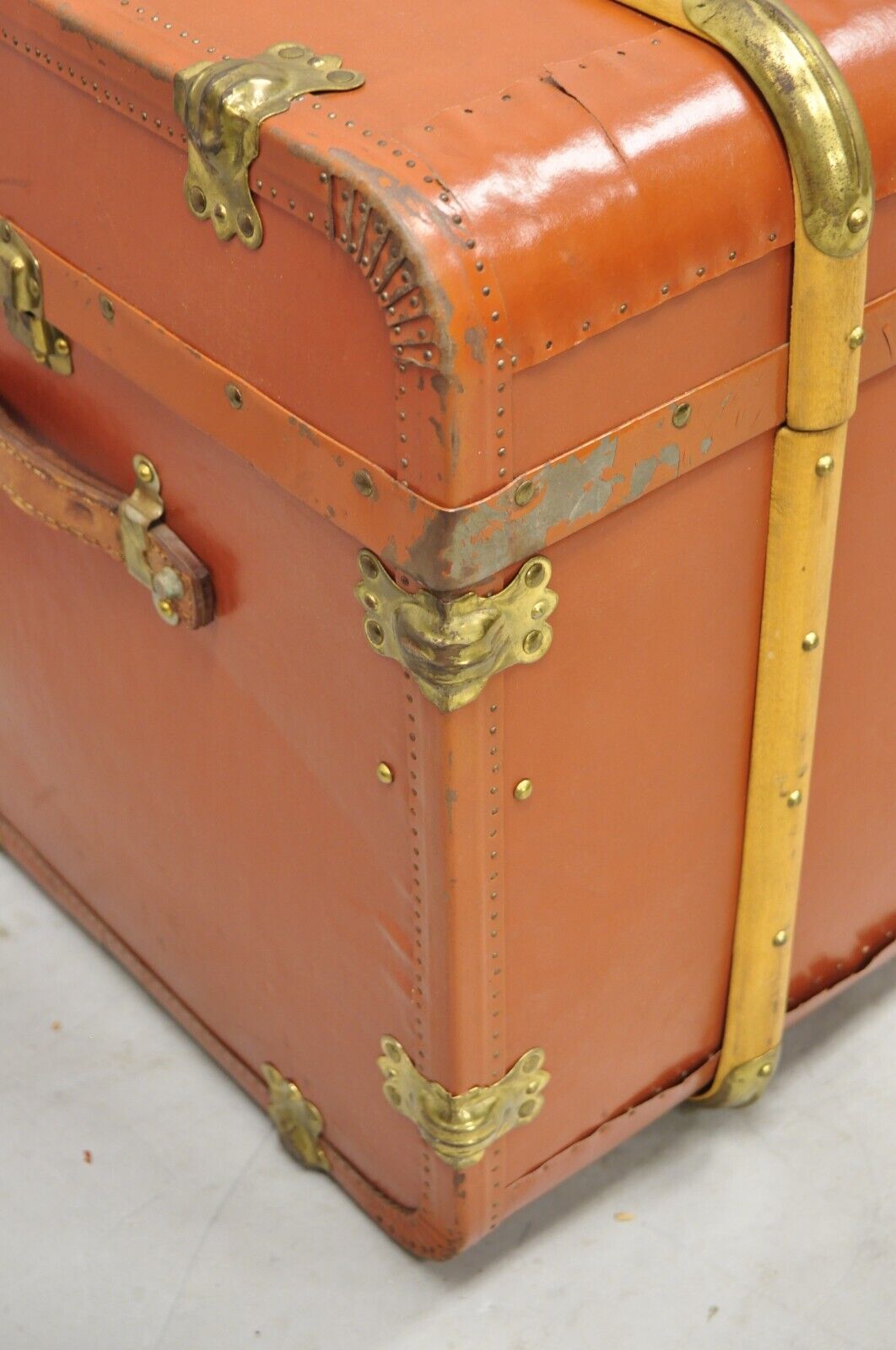 Antique Wooden Band Large Steamer Trunk Orange Ship Trunk Cunard Line Decals