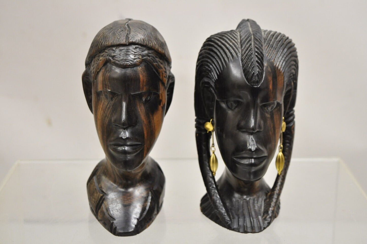 Vintage African Carved Ebony Wood 7" Male and Female Bust Statue Sculpture