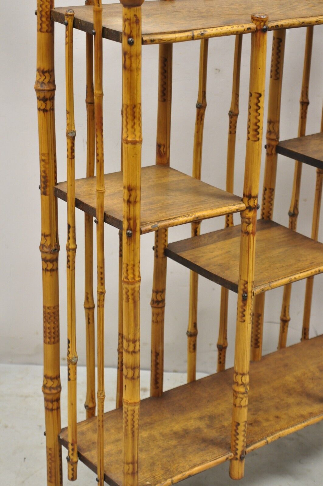 19th C English Victorian Bamboo Stick and Ball Curio Shelf Etagere w/ Mirror