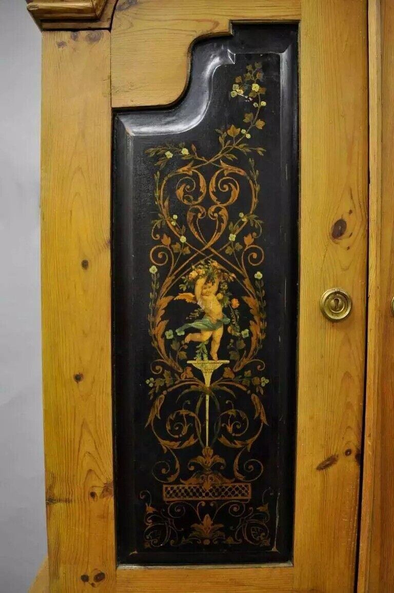 Antique Country French Neoclassical Putti Painted Pine Cupboard Cabinet Hutch
