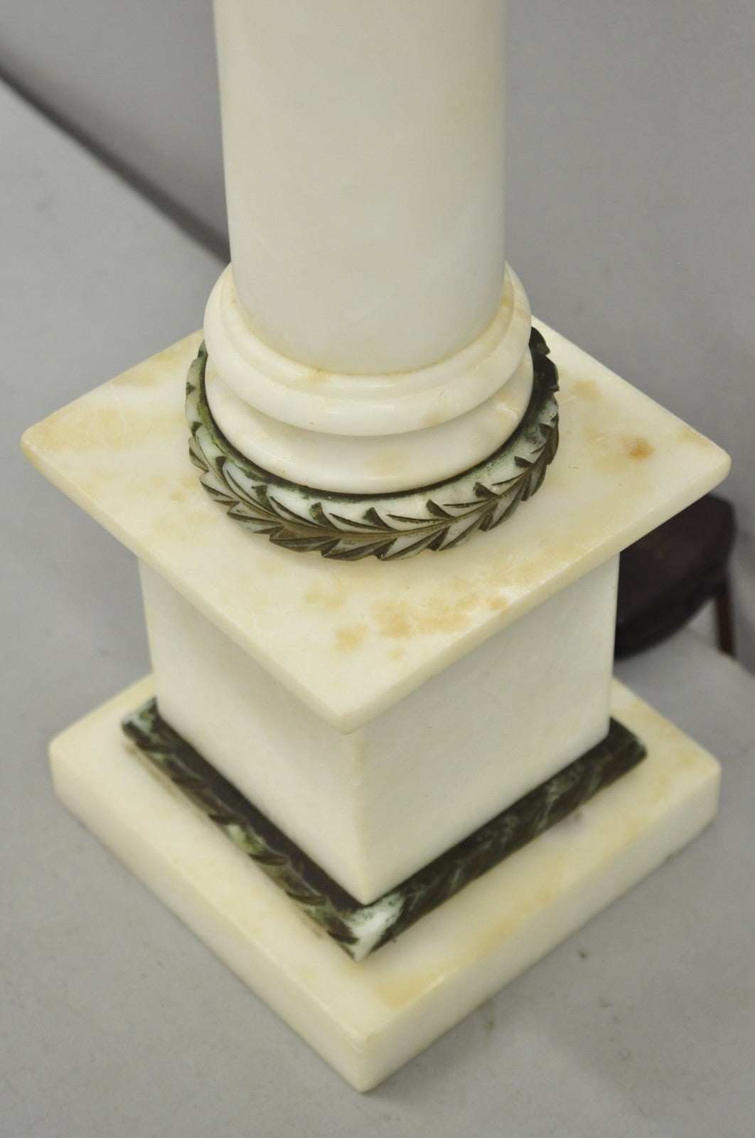 Antique Italian Classical White Carved Marble Empire Column Table Lamp