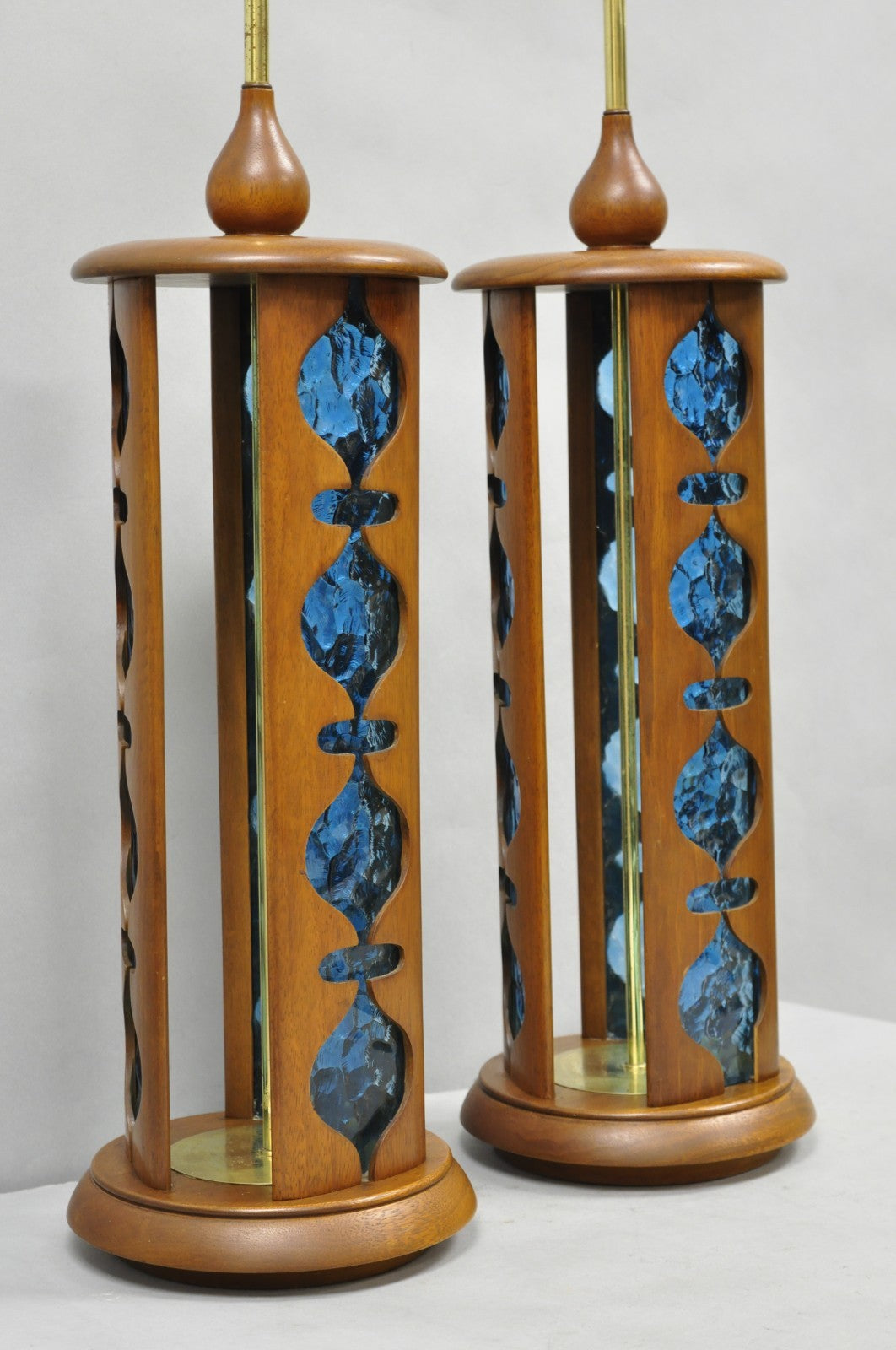 Vintage Modeline Mid Century Modern Walnut & Blue Stained Glass Table Lamps Pair