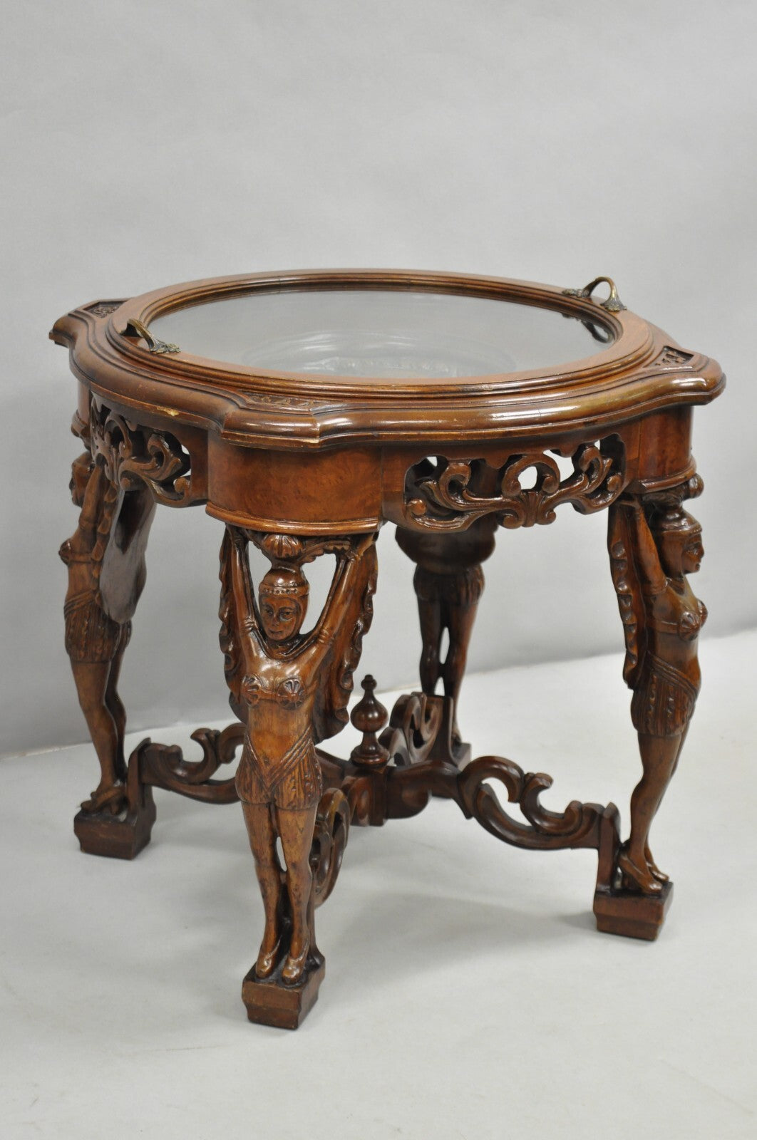Antique French Renaissance Carved Female Dancer Walnut Display Tray Coffee Table