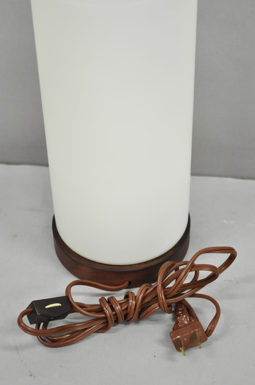 Vintage Mid Century Swedish Modern Frosted Glass Cylinder Small Teak Table Lamp