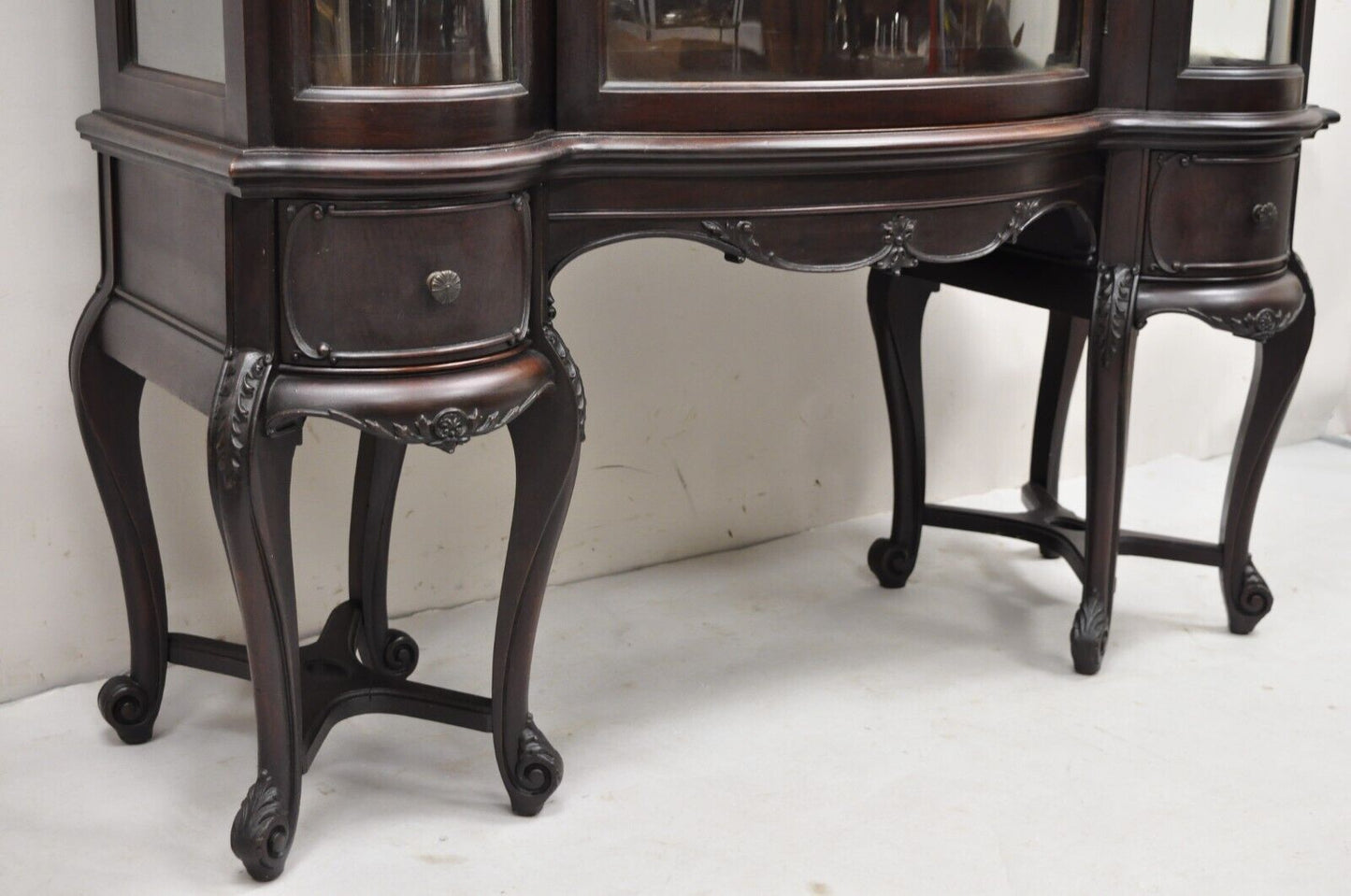 Antique French Renaissance Dark Walnut Triple Bowed Glass China Cabinet