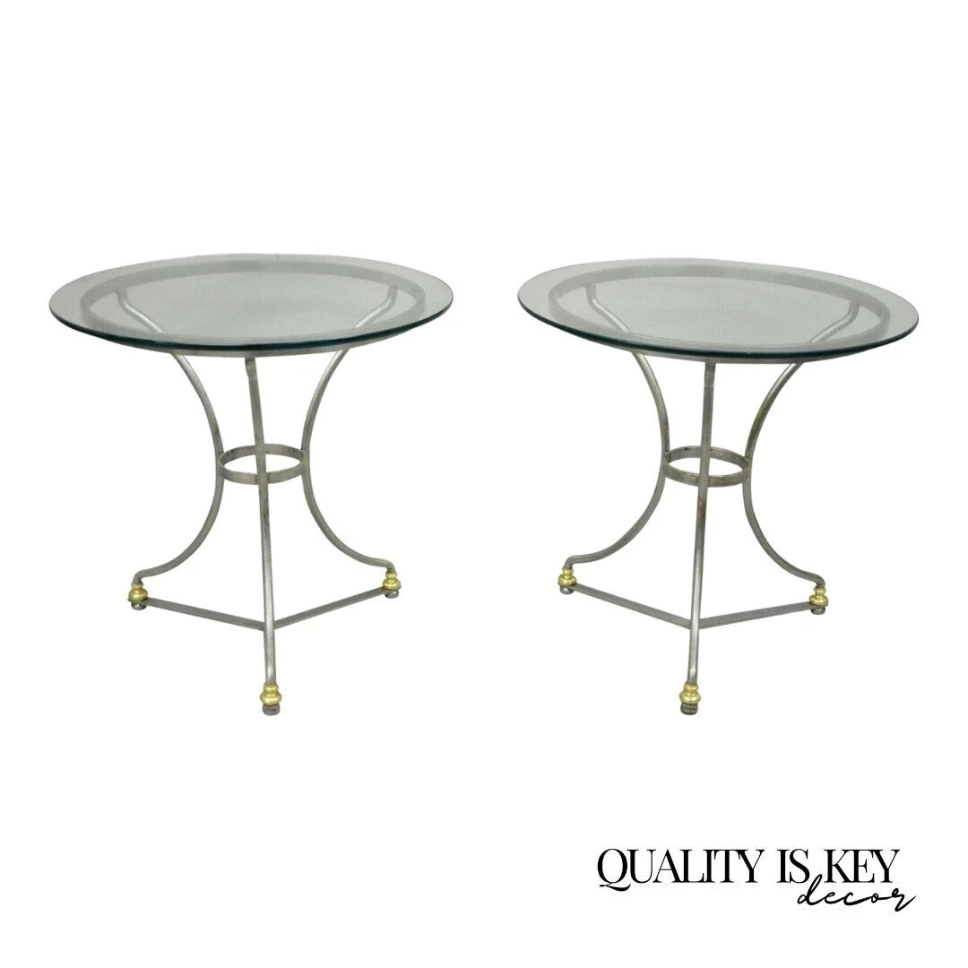 Italian Neoclassical Maison Jansen Style Steel & Brass Round End Tables - a Pair