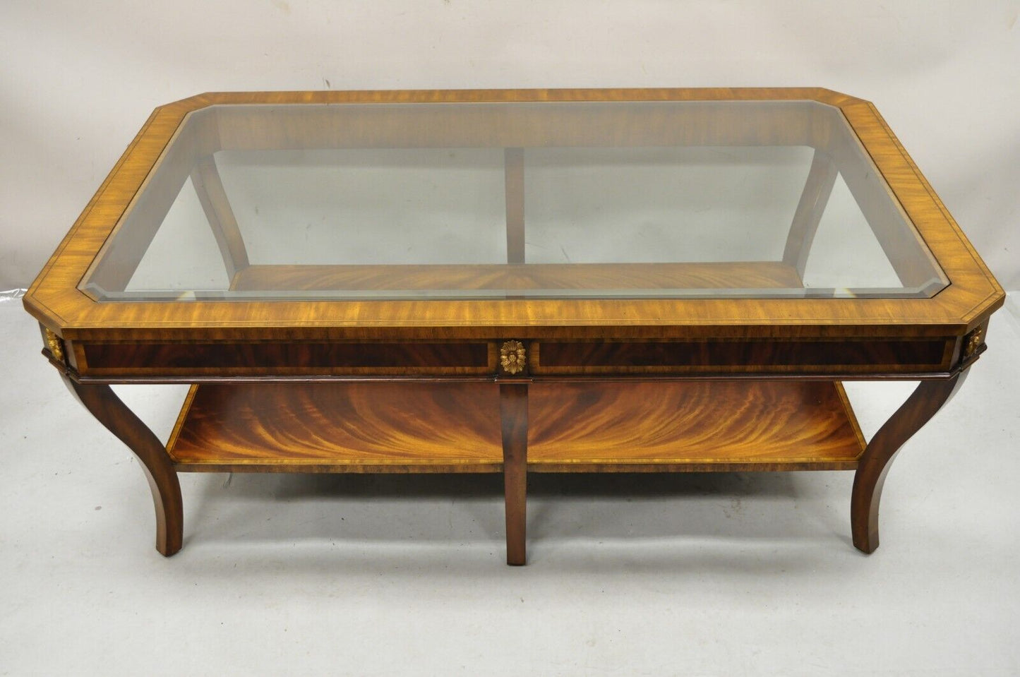 Maitland Smith Empire Style Large Banded Inlay Mahogany Glass Top Coffee Table