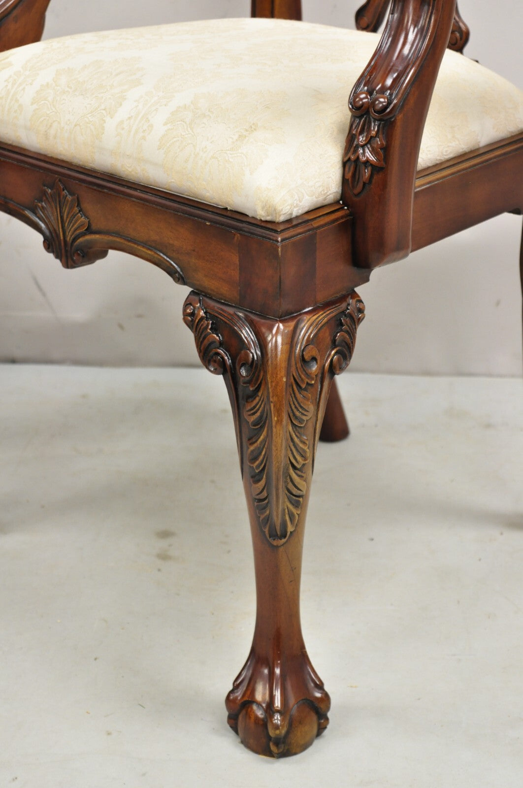 English Chippendale Style Carved Mahogany Ball & Claw Dining Arm Chairs - a Pair