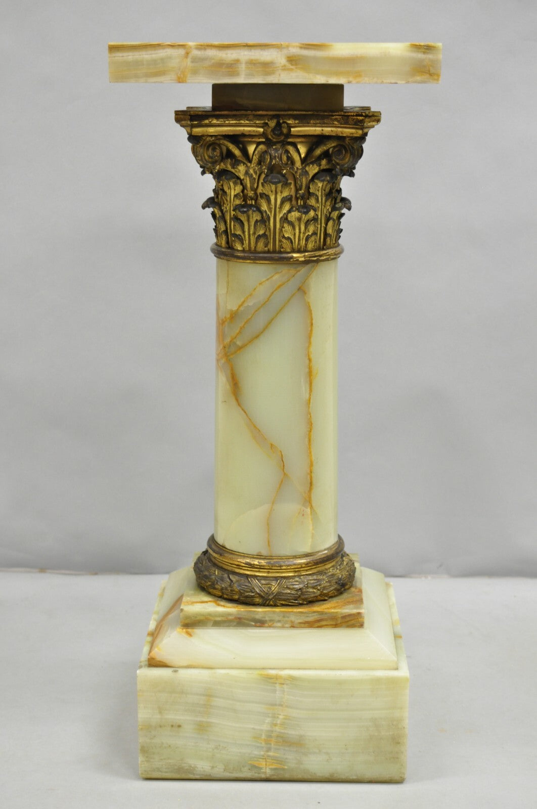 Antique French Empire Bronze Classical Corinthian Column Green Onyx 30" Pedestal