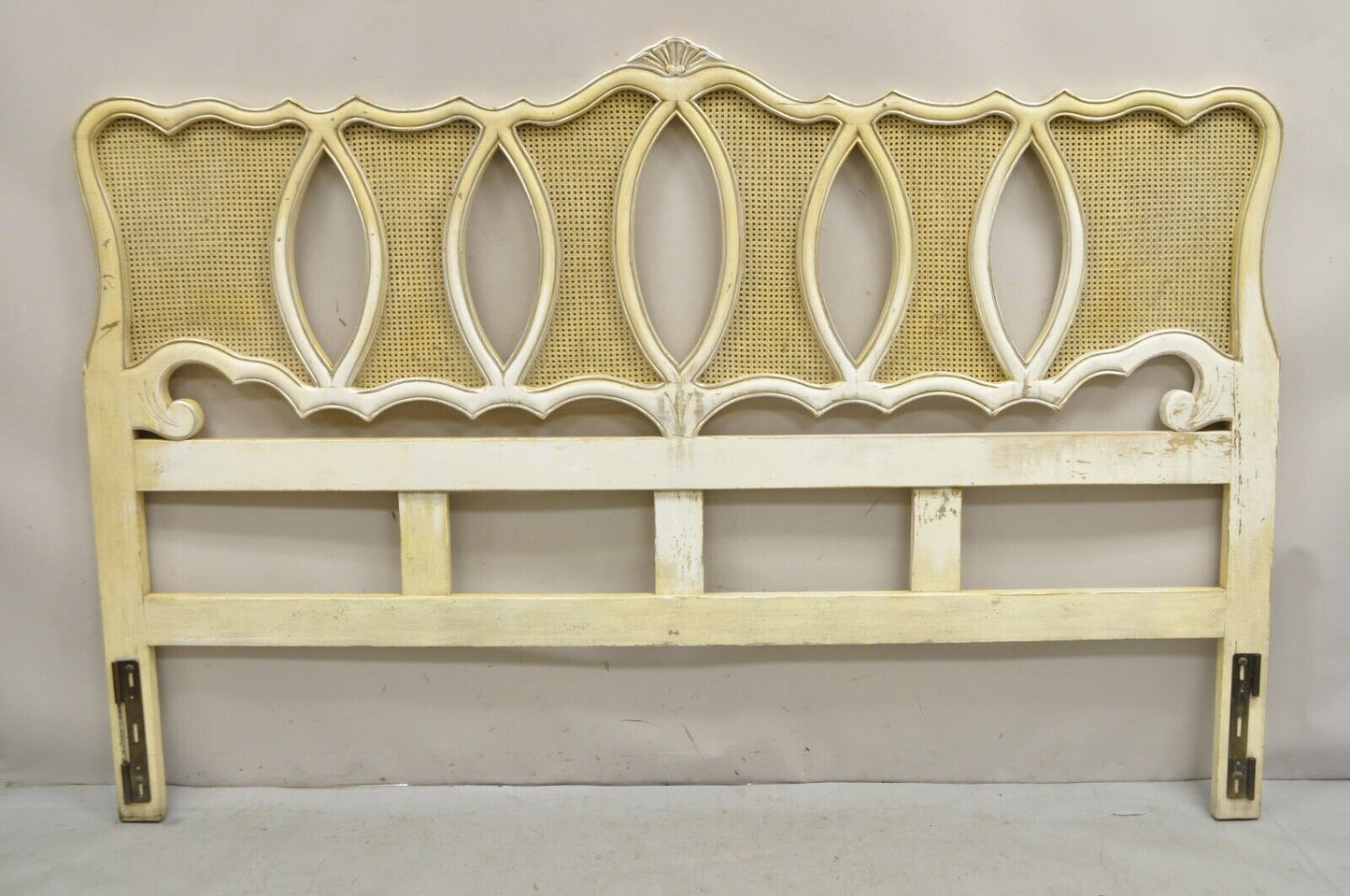 Vintage French Provincial Hollywood Regency Cream Painted Cane King Headboard