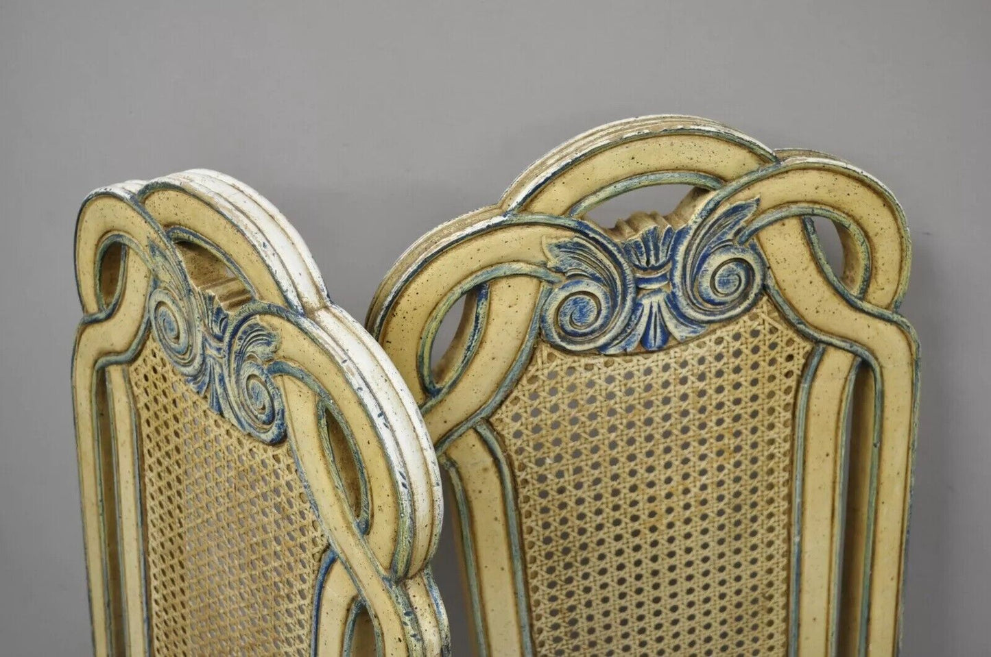 Vintage French Hollywood Regency Cane Pretzel Back Cream Dining Chair - Set of 6