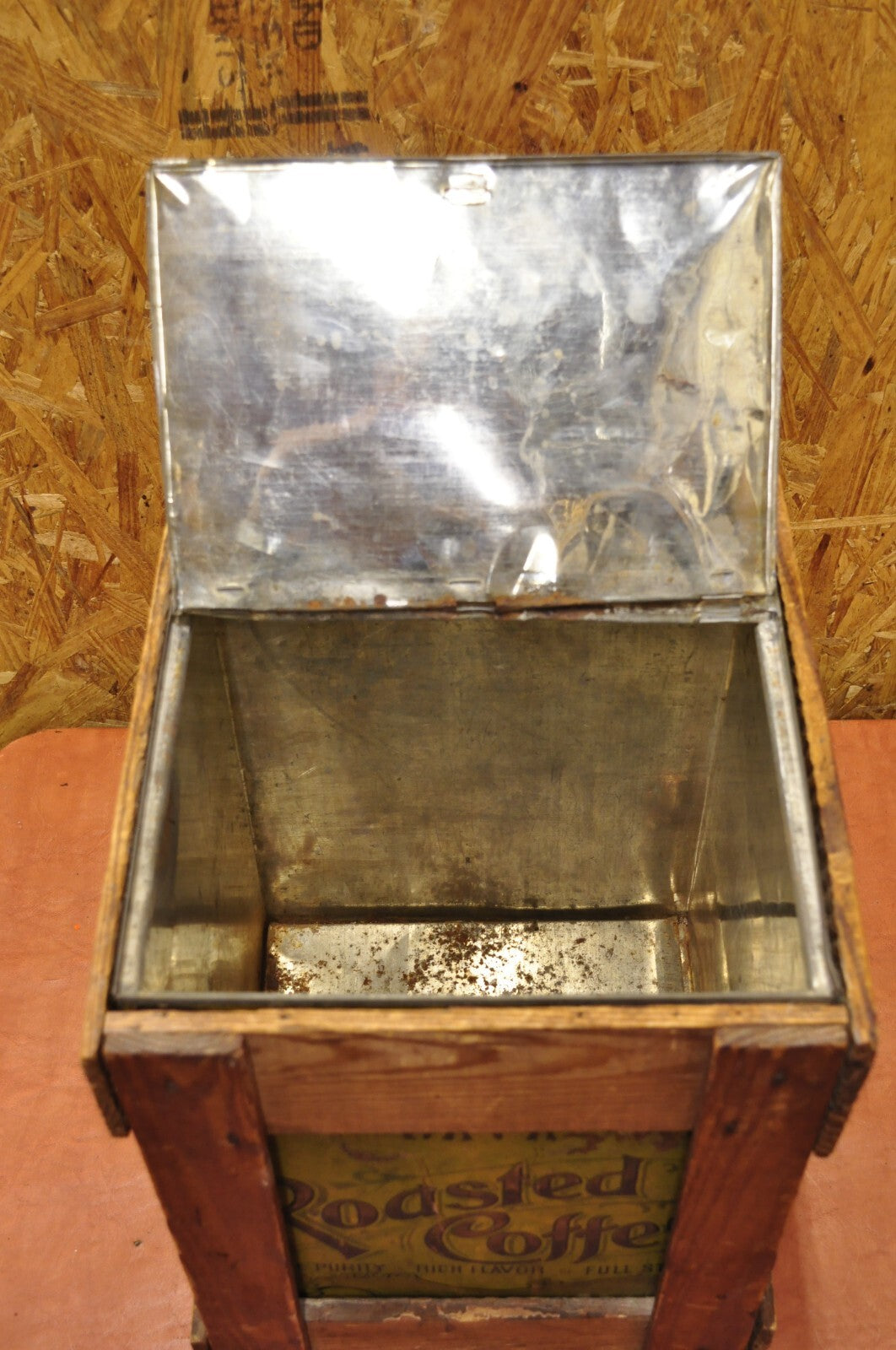 Antique J.O. & G.N. Rowe Co Oneonta, NY Yellow Tin Coffee Hopper Store Spice Bin