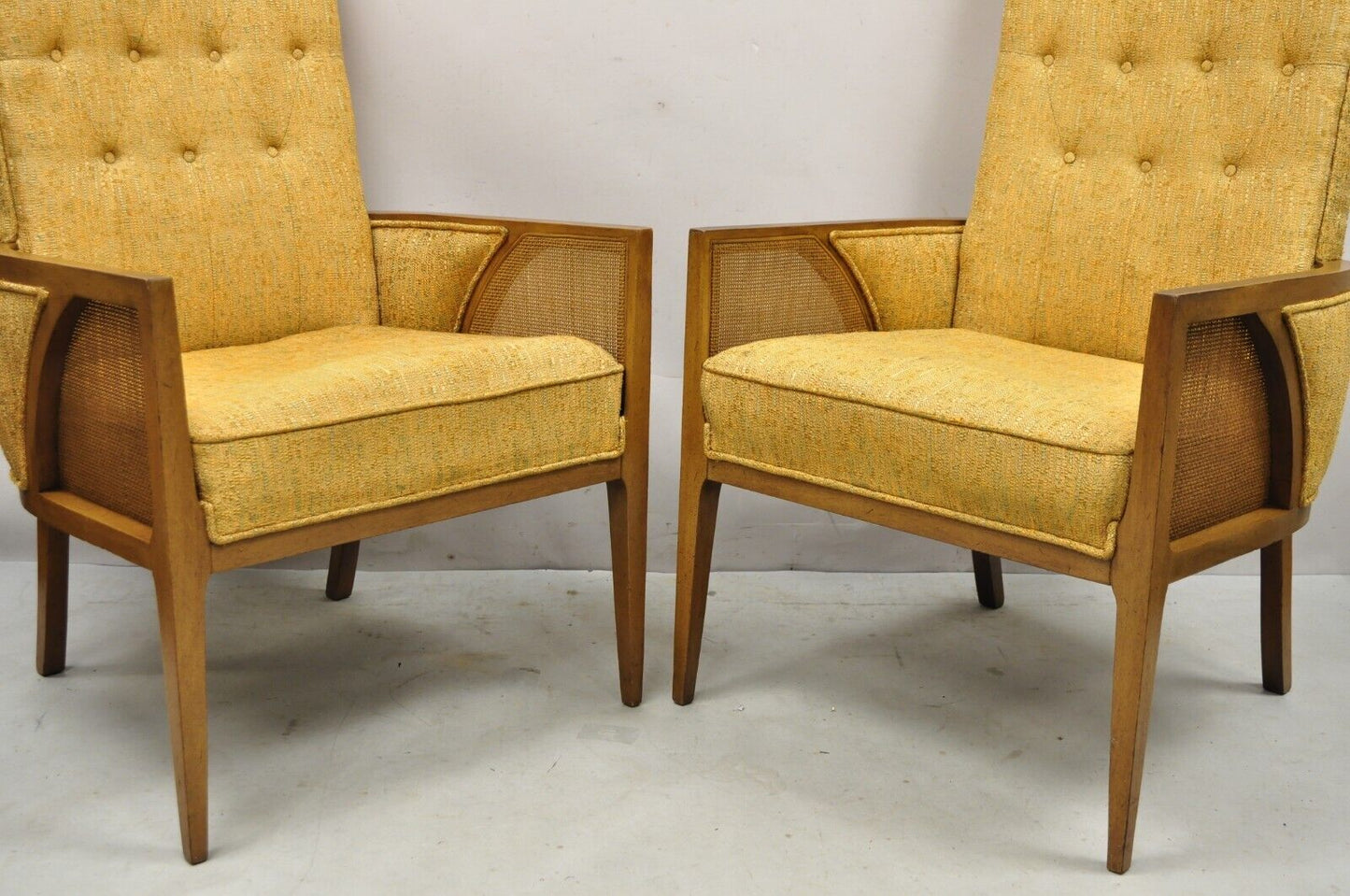 Mid Century Hollywood Regency Sculpted Wood Cane Panel Lounge Chairs - a Pair