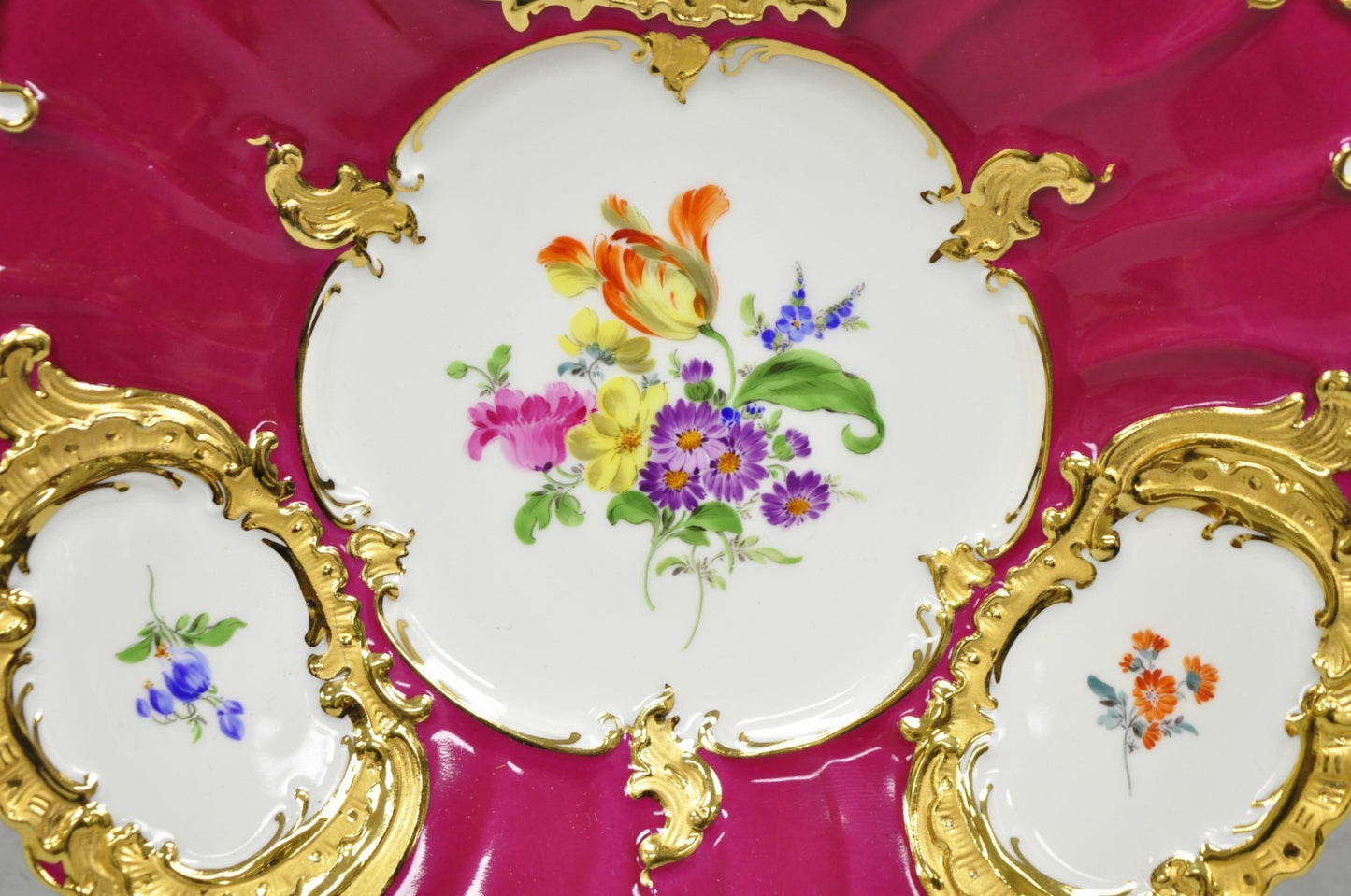Meissen French Floral Hand Painted Red Porcelain Scalloped Cabinet Plate Bowl