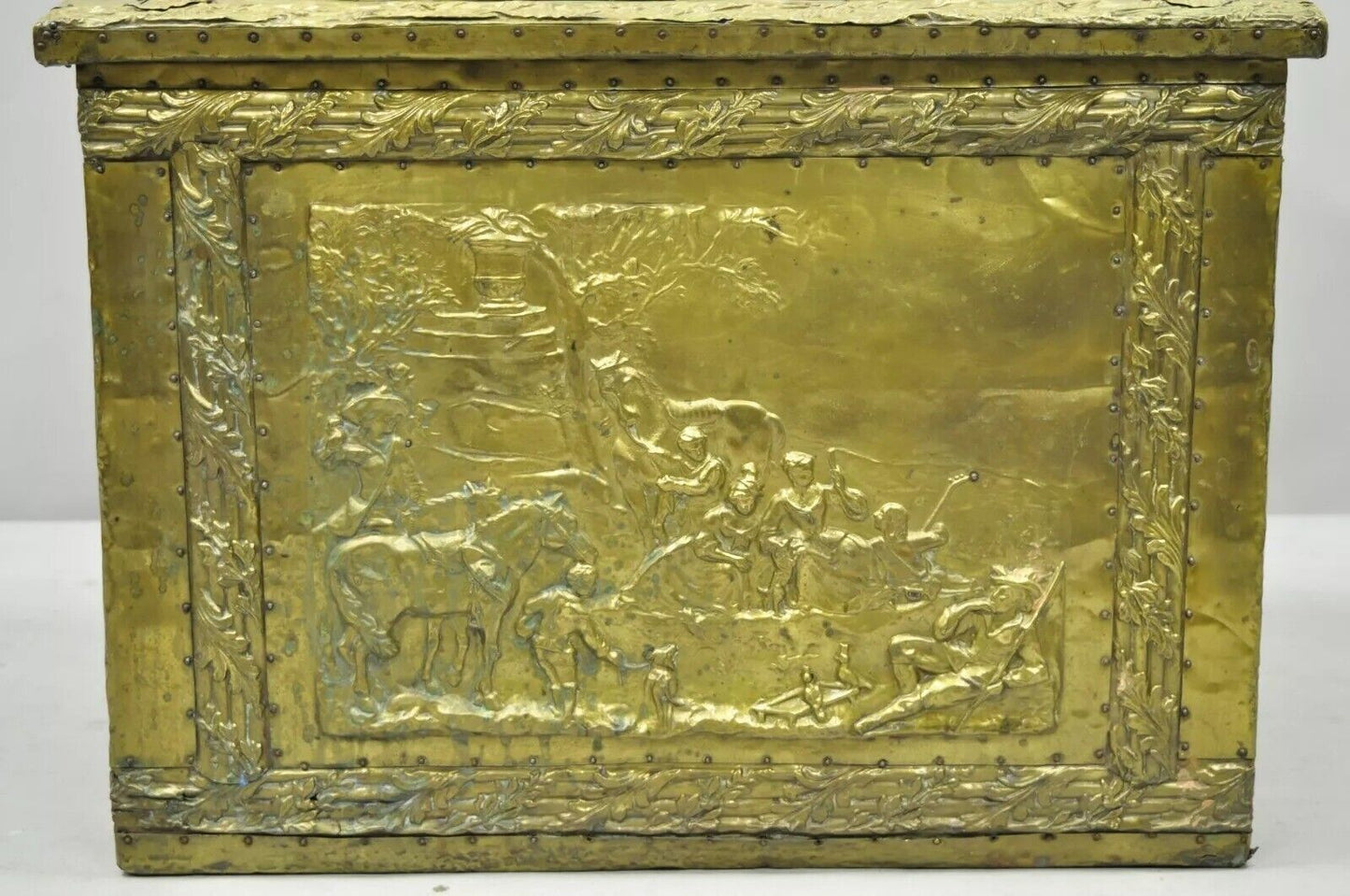 Antique Victorian Embossed Brass Fireplace Log Box Coal Box with Country Scenes