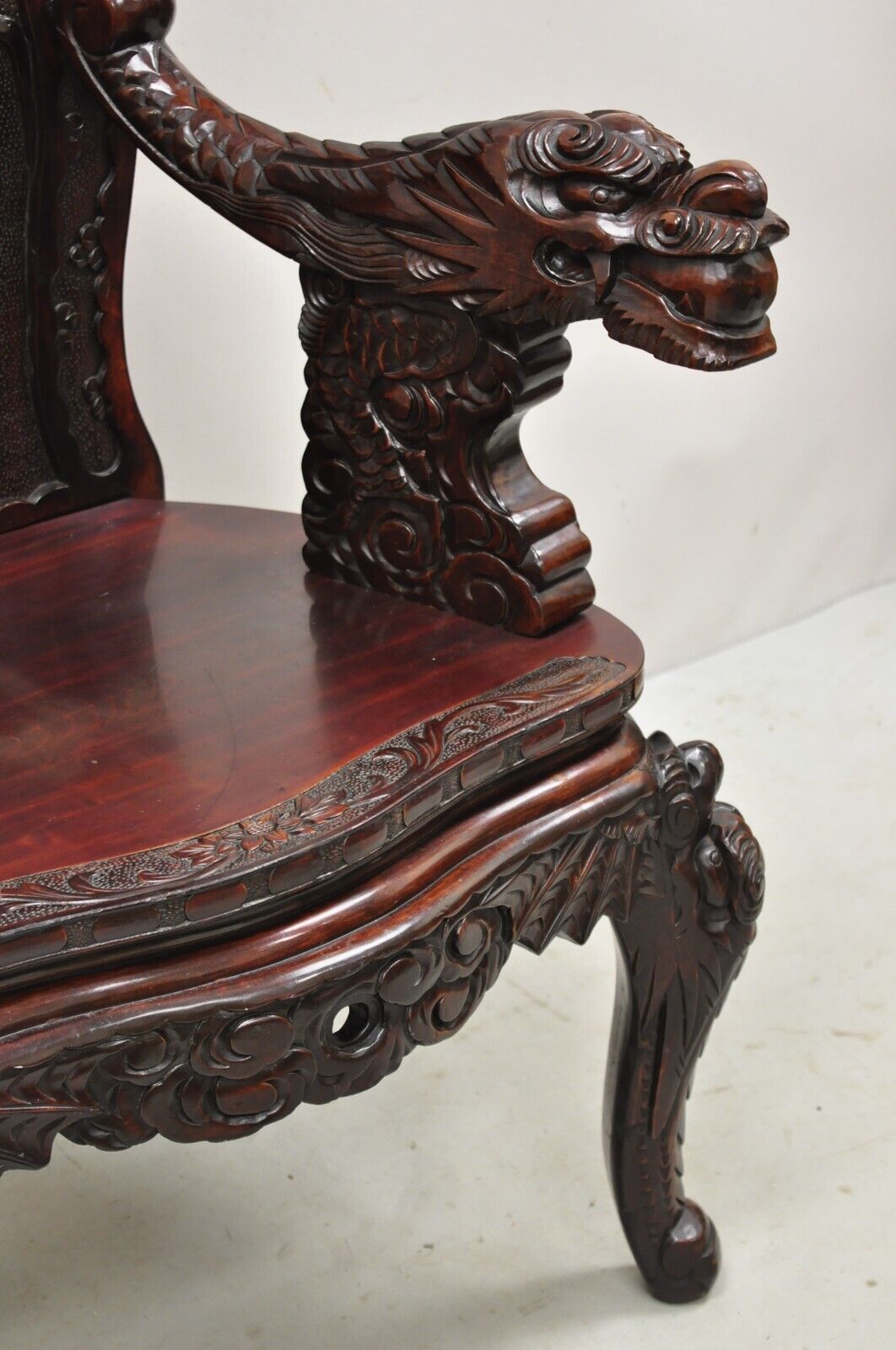 Antique Japanese Export Carved Hardwood Foo Dog Throne Arm Chair