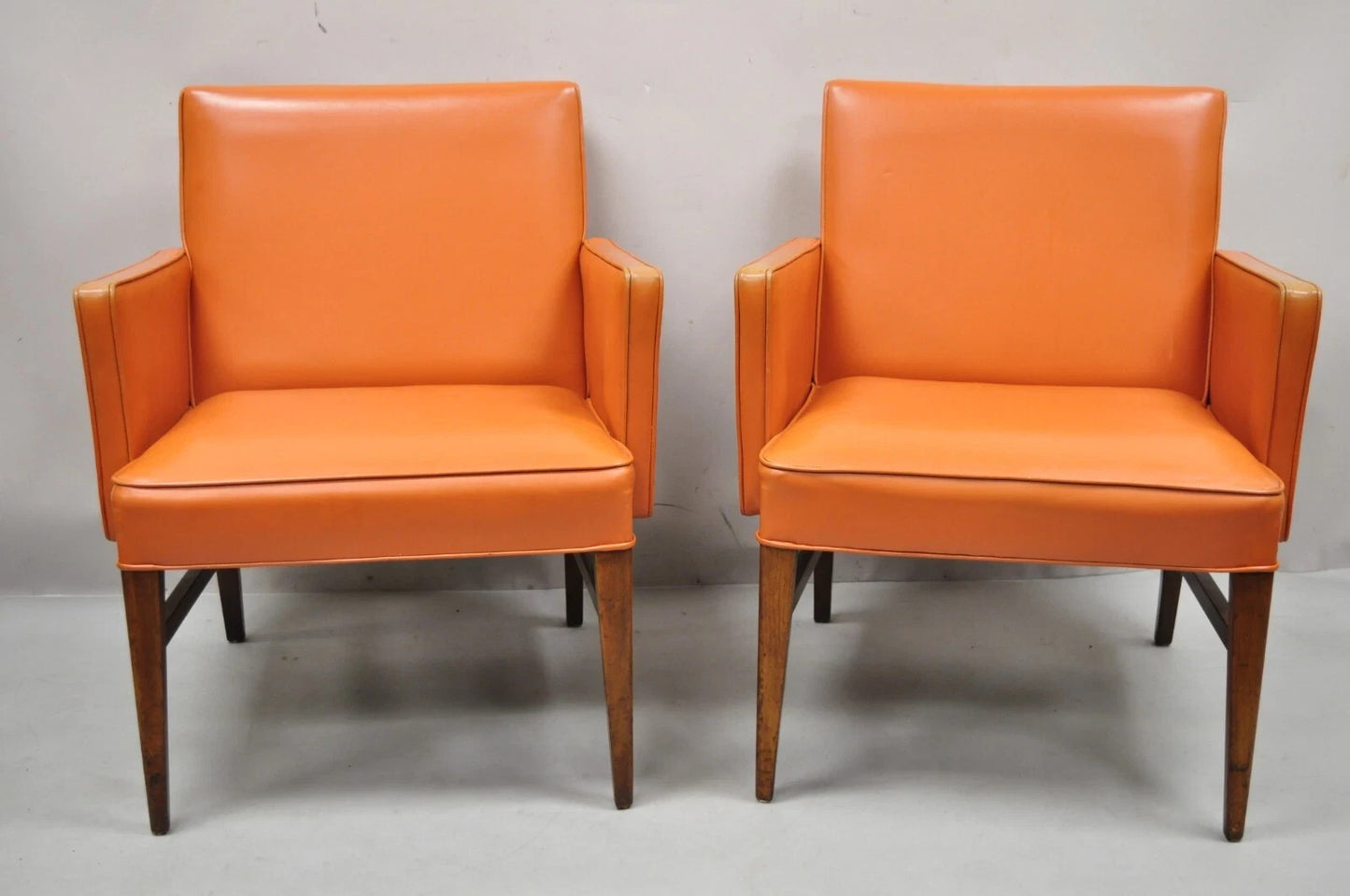 Vintage Mid Century Modern Walnut Jens Risom Style Orange Lounge Chairs -a Pair