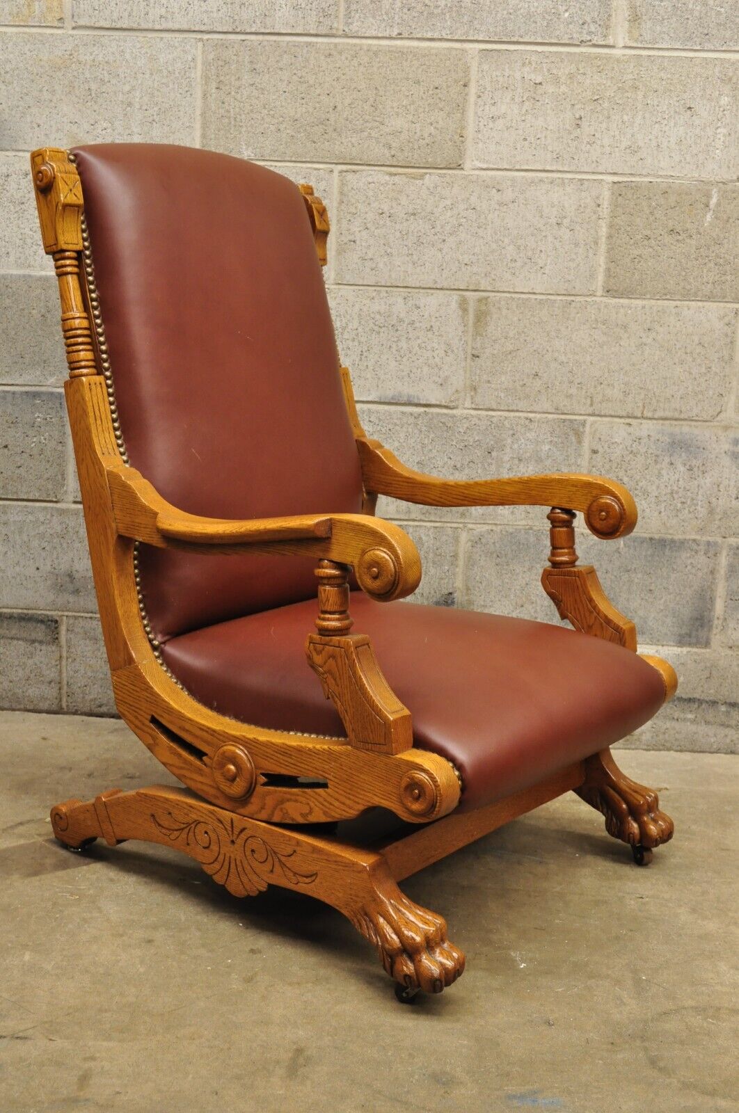 Antique Eastlake Victorian Oak Wood Paw Foot Platform Rocker Rocking Chair