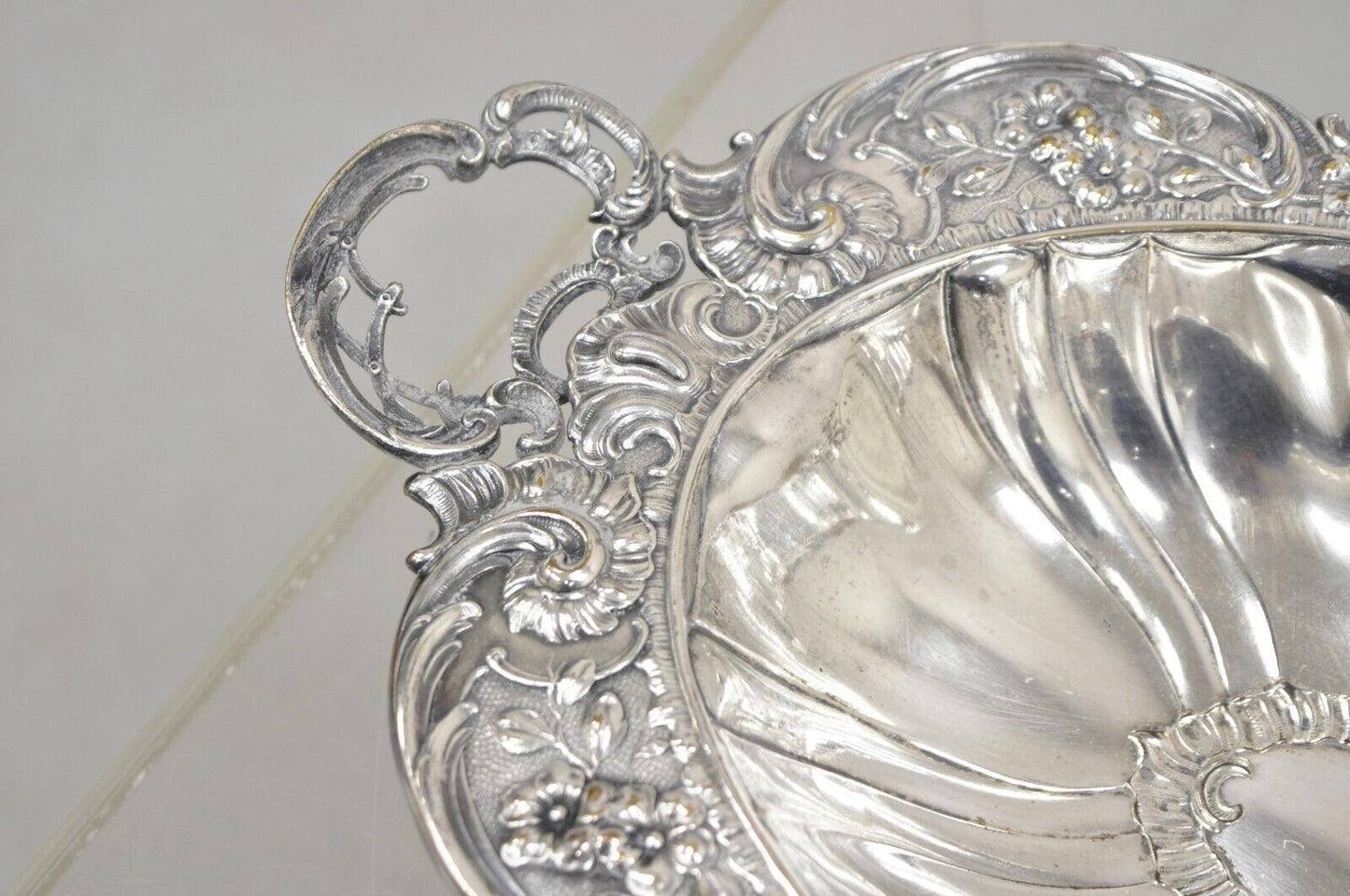 Vintage English Victorian Floral Repousse Ornate Twin Handle Footed Dish Bowl