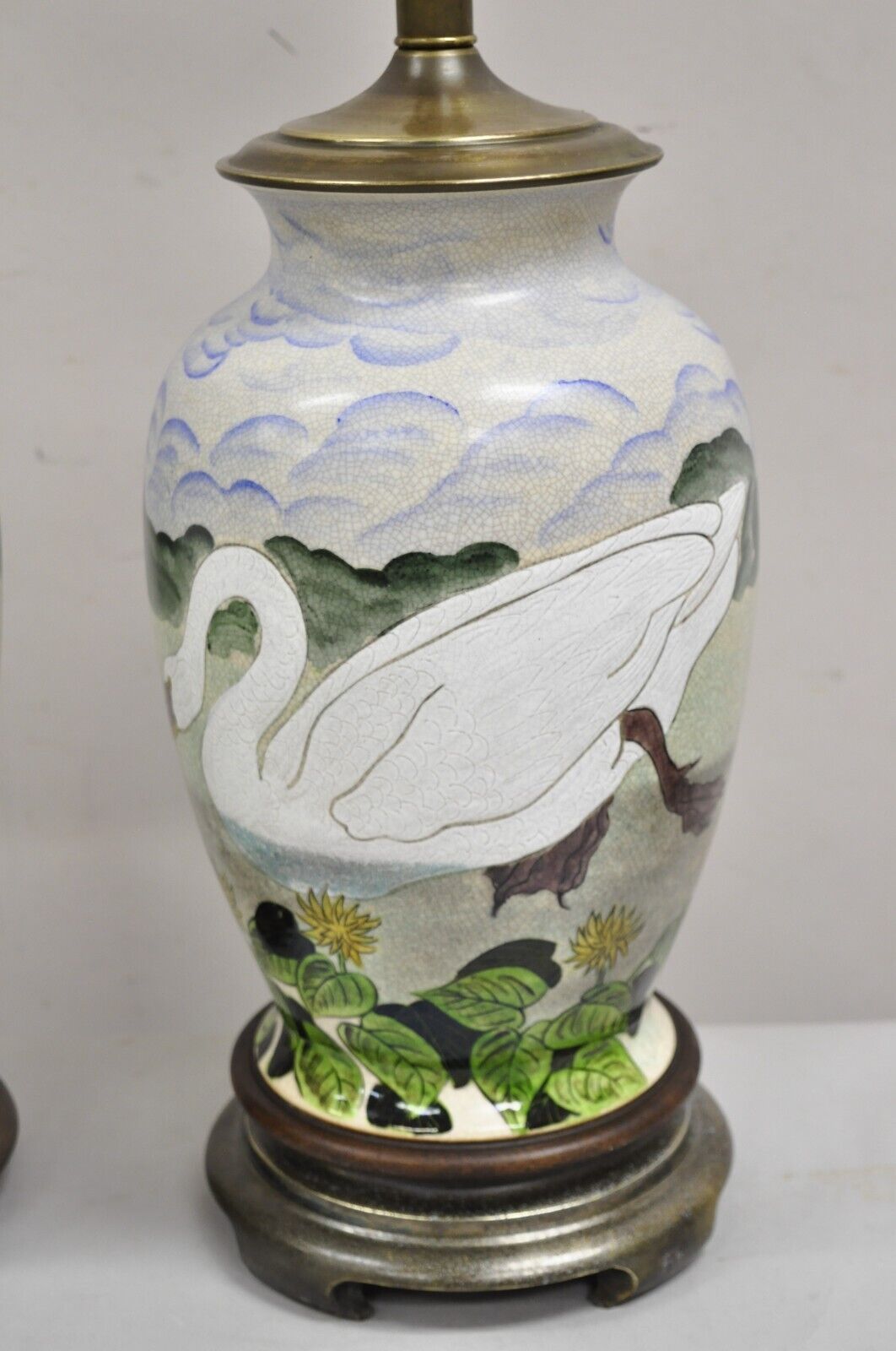 Vintage Chinoiserie Painted Swan Porcelain Ginger Jar Table Lamps - a Pair