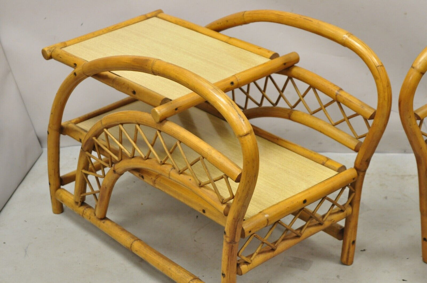Vintage Tiki Rattan Bentwood Bamboo 2 Tier Sculptural End Tables - a Pair