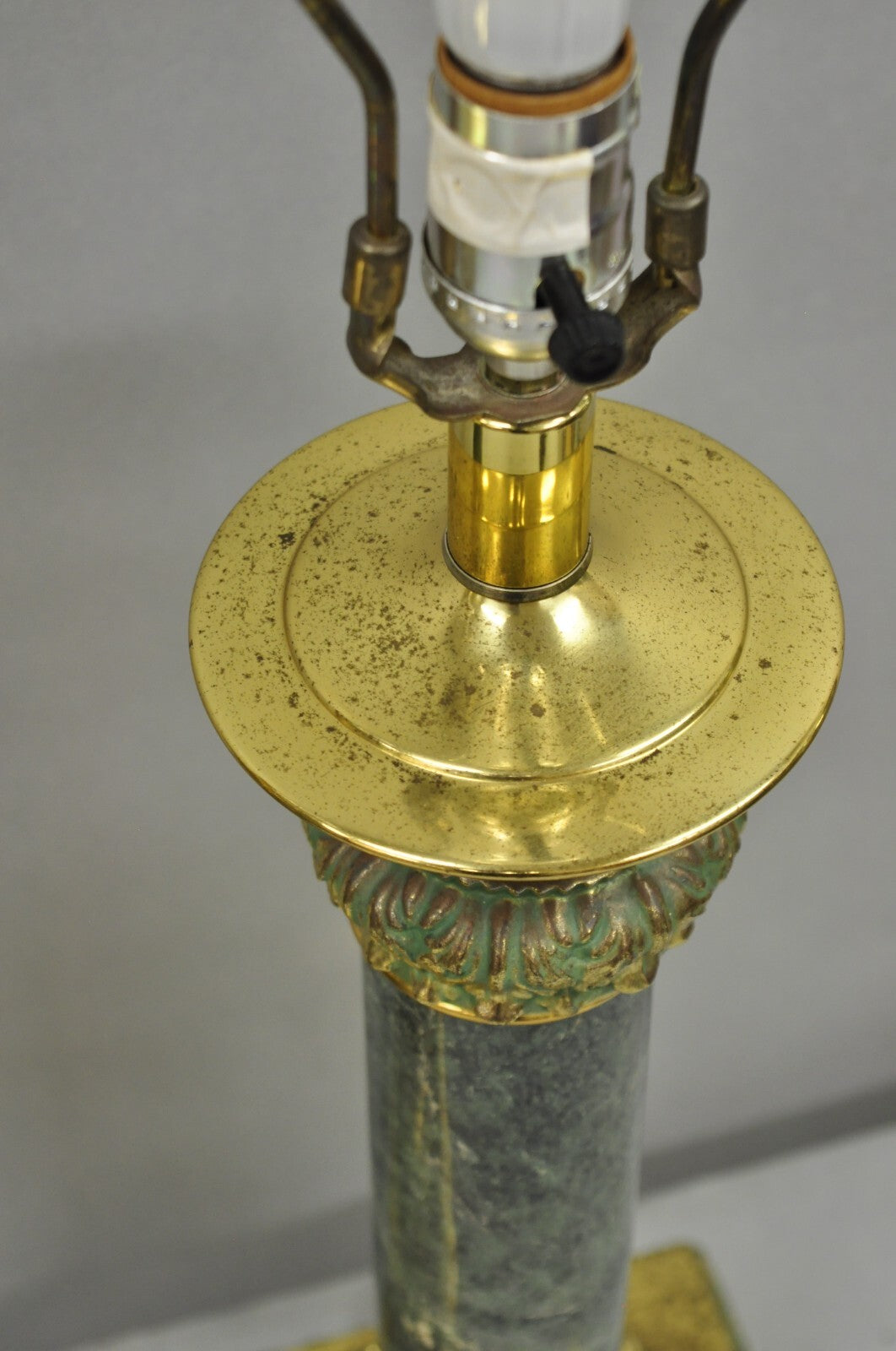 Vintage Hollywood Regency Brass Empire Green Column Gold Table Lamps - a Pair
