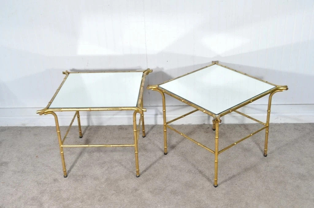 Vintage Italian Hollywood Regency Faux Bamboo Gold Mirror Low Side Tables - Pair
