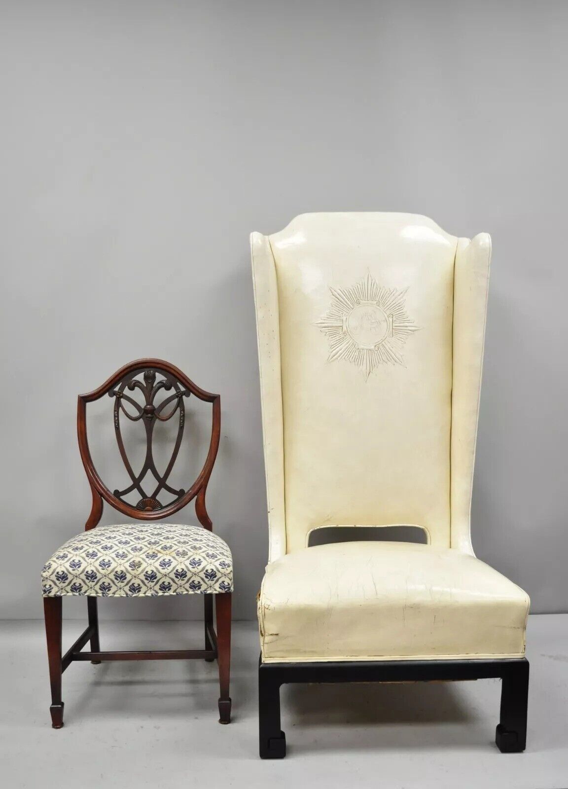 Vintage Oriental High Back Ming Style Black Lacquer Leather Lounge Chair