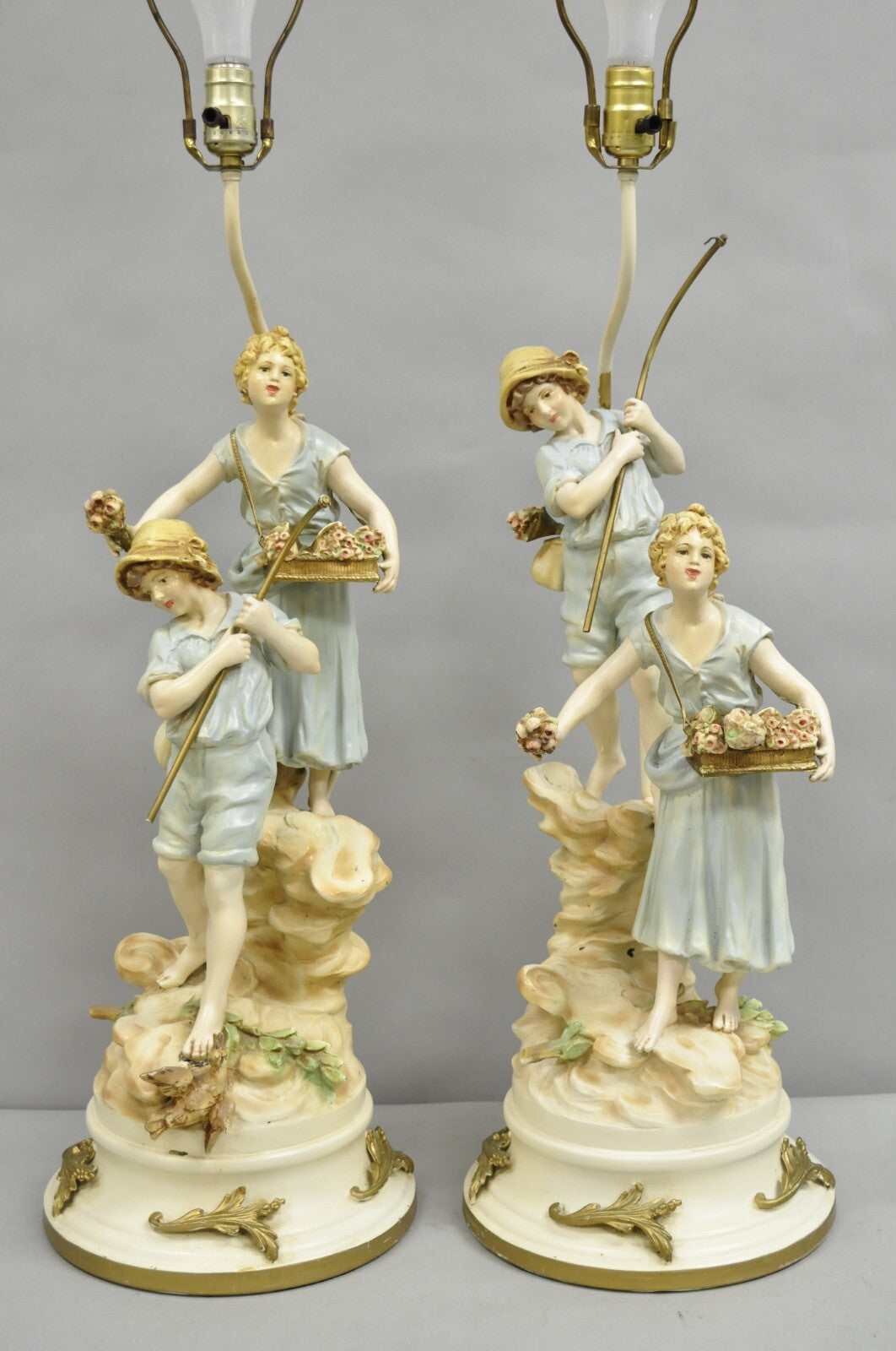 Antique L&F Moreau Victorian Painted Spelter Metal Figural Table Lamps - a Pair
