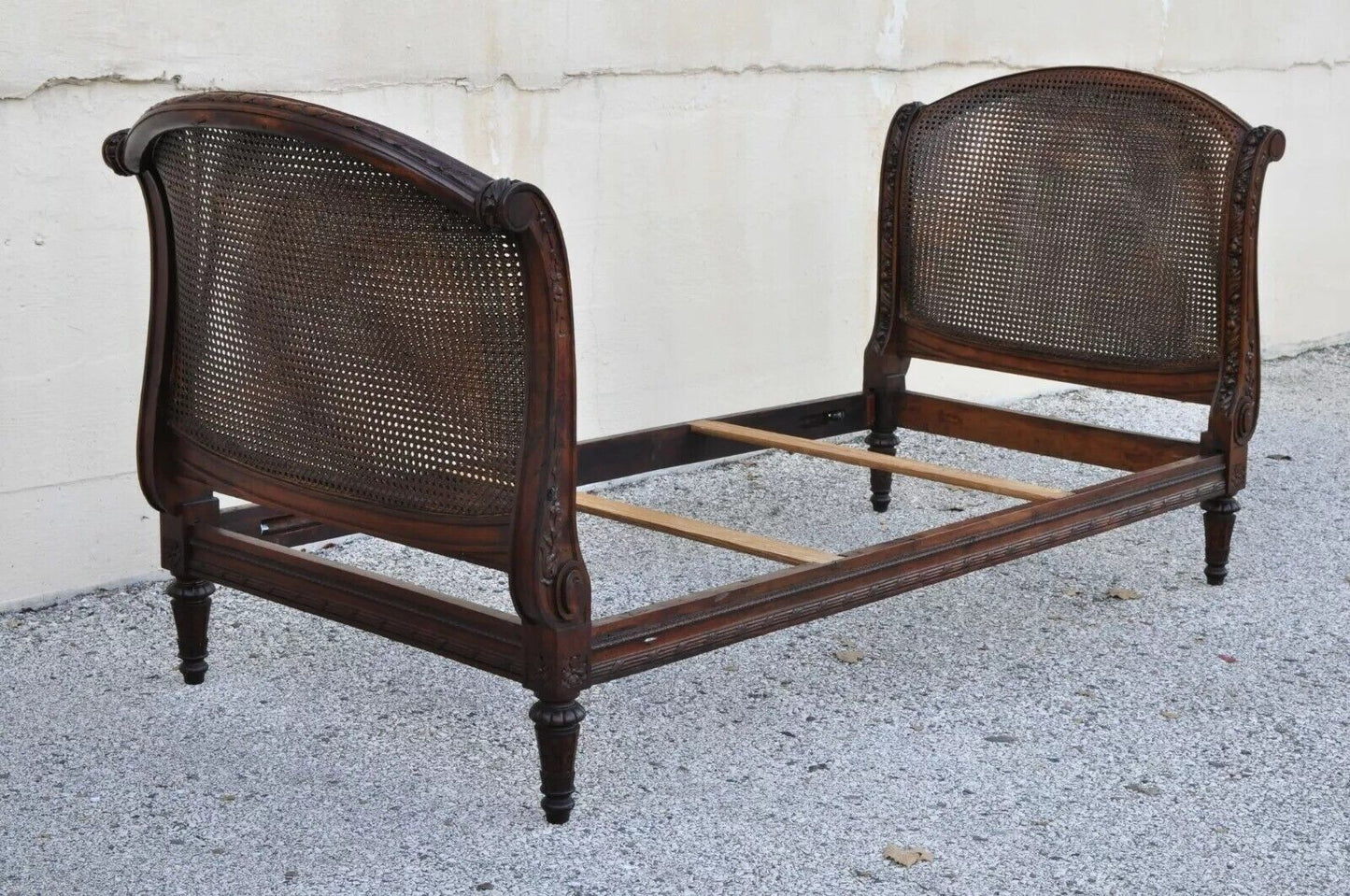 Antique 19th C. French Louis XVI Style Carved Walnut & Cane Pink Daybed Sofa