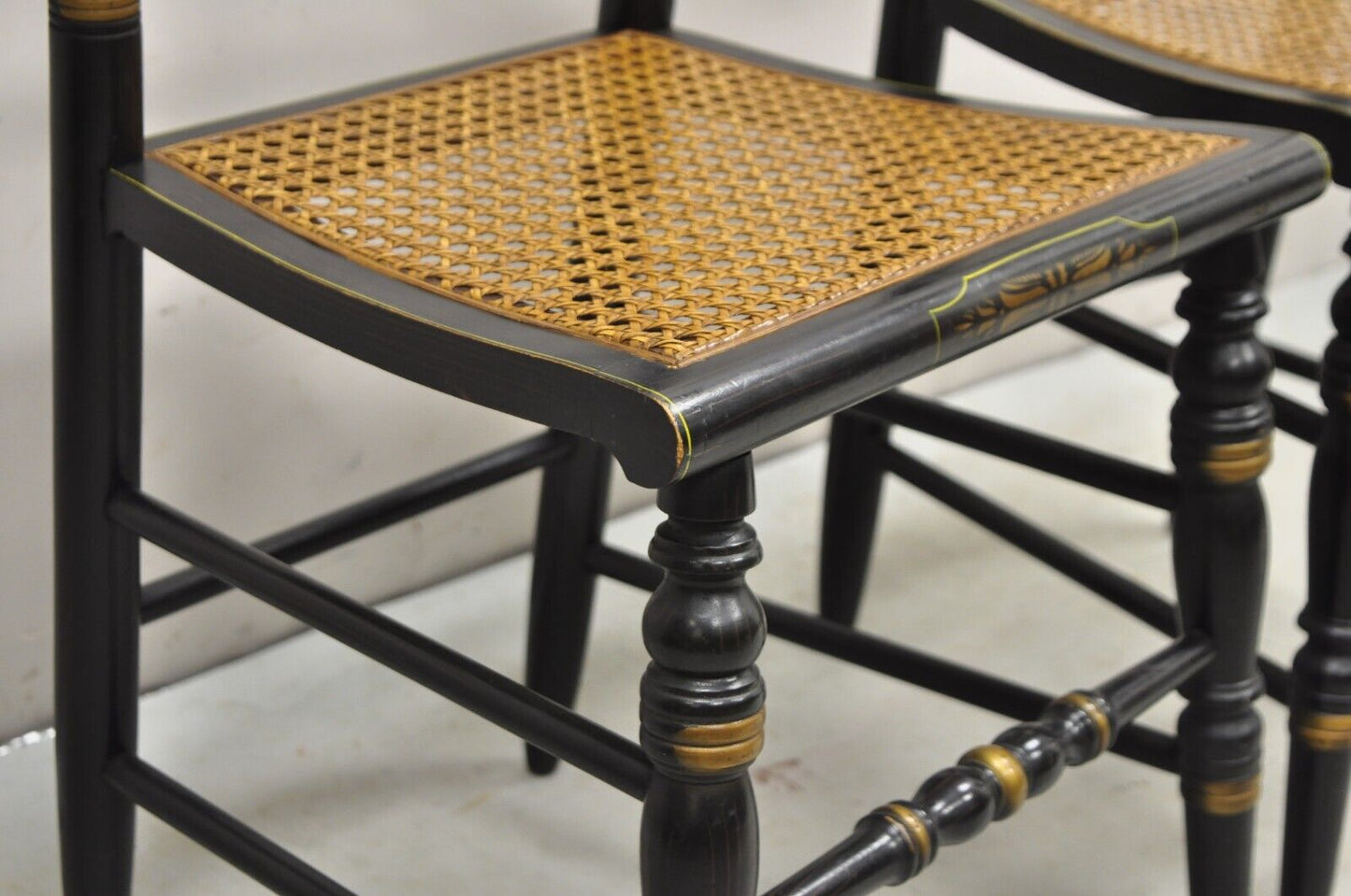 Vintage L. Hitchcock Black Stencil Harvest Decorated Cane Side Chair - a Pair