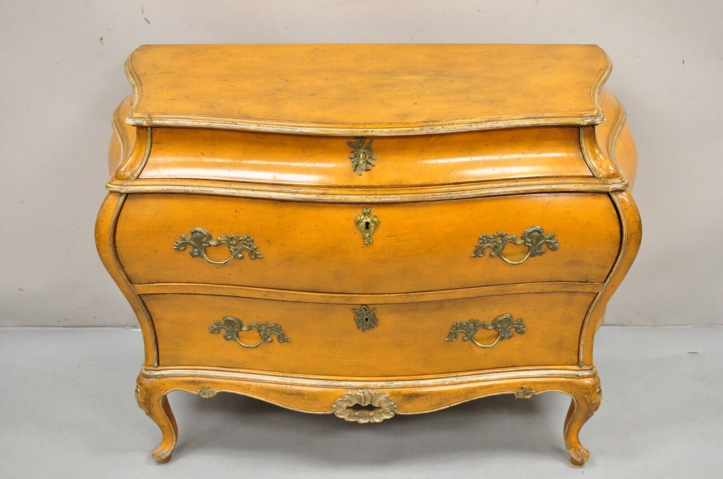 Antique Italian Rococo Orange Painted Bombe Commode Chest of Drawers