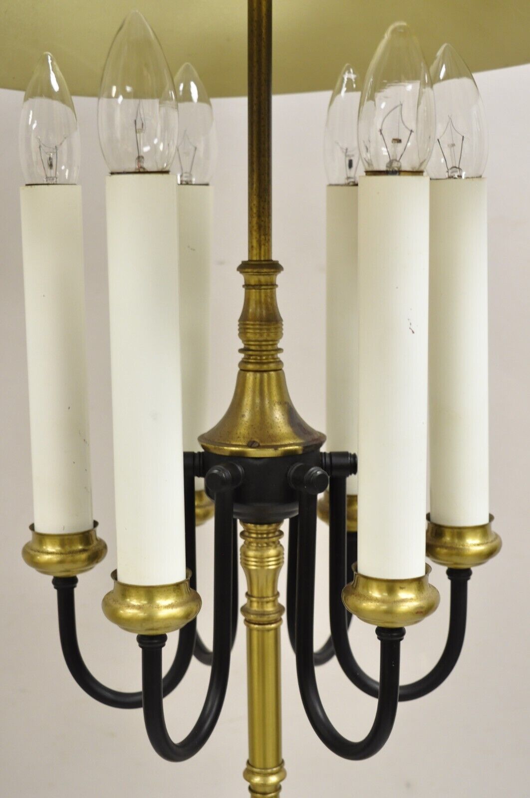 French Regency Tall Brass Candelabra Bouillotte Desk Lamp w/ Tole Metal Shade