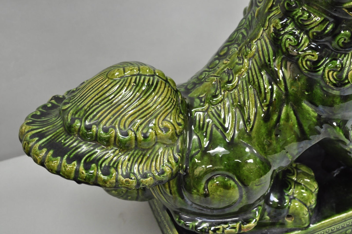 Vintage Chinoiserie Green Majolica Glazed Ceramic 22" Chinese Foo Dog Statue