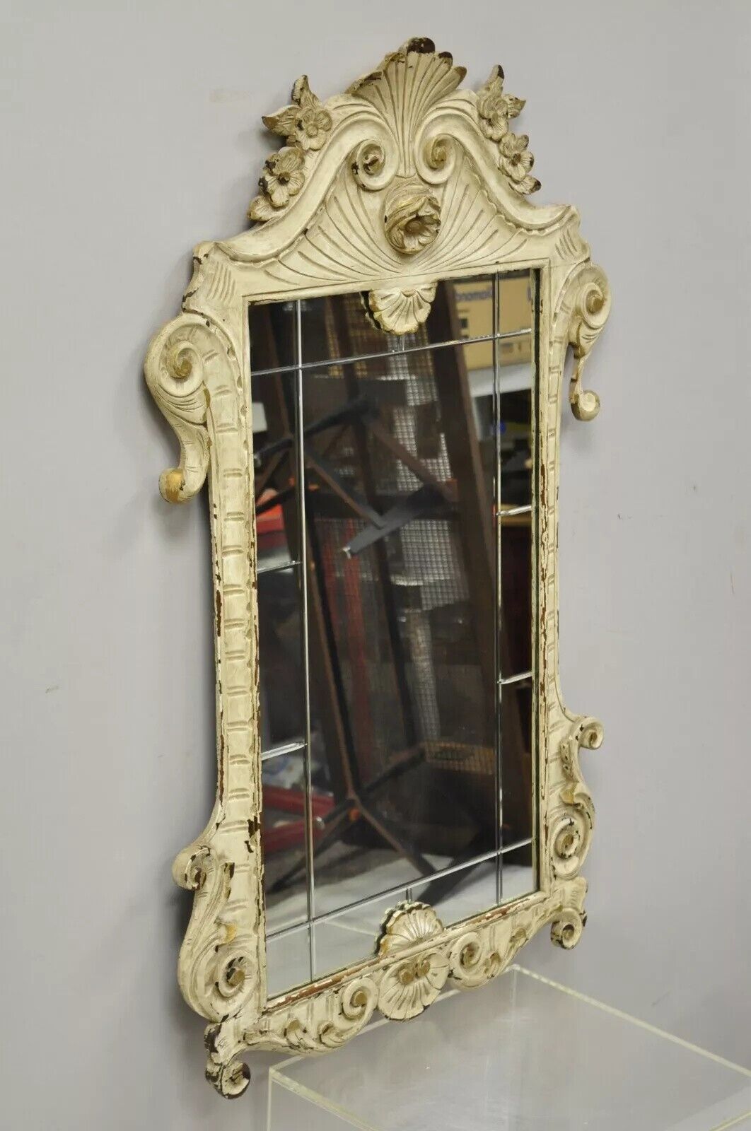 Antique Victorian White Shabby Distress Painted Chic Rose Carved Wall Mirror