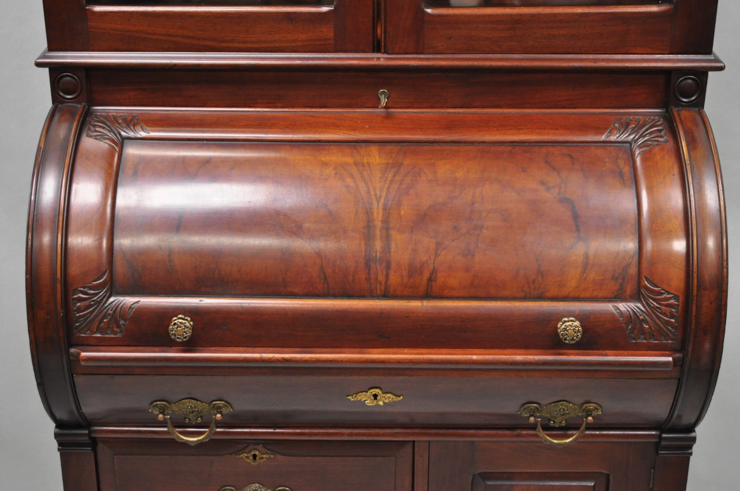 Antique Victorian Mahogany Cylinder Roll Top Bookcase Secretary Desk Cabinet