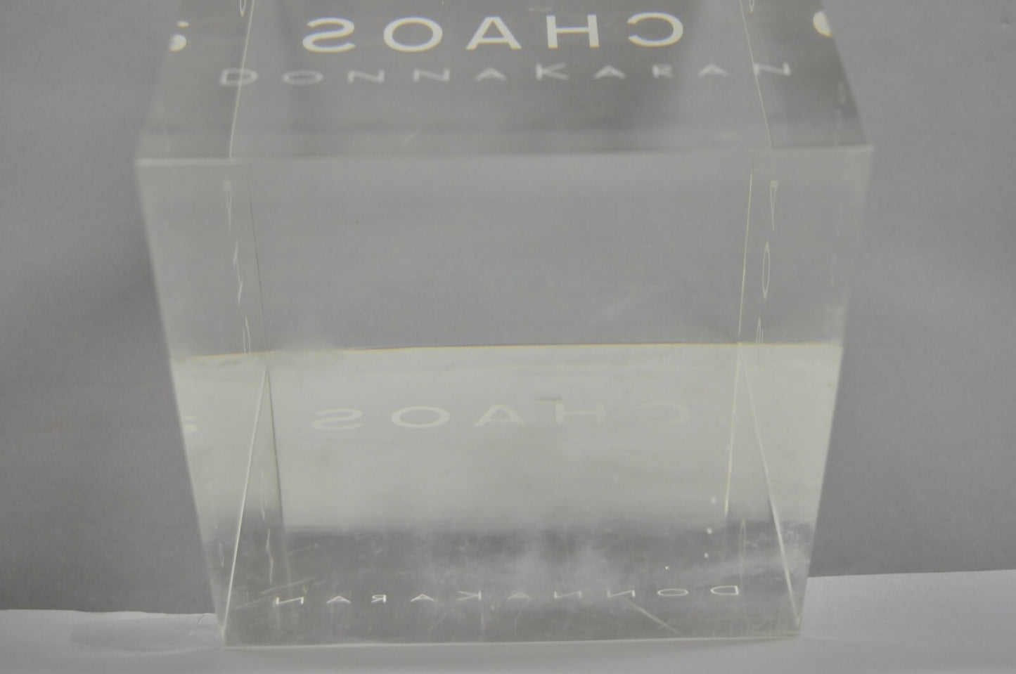 Donna Karan "Chaos" Heavy Acrylic Lucite Cube Perfume Retail Pedestal Display