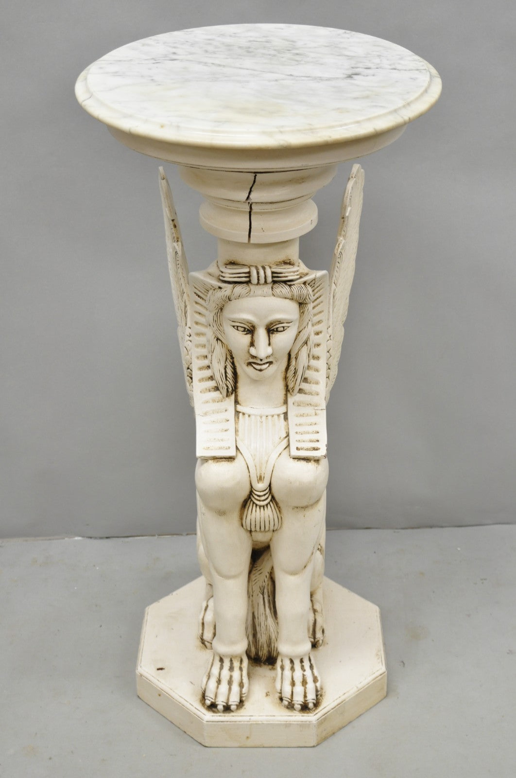 Vintage Egyptian Female Sphinx Round Marble Top Carved Wood Pedestal Plant Stand