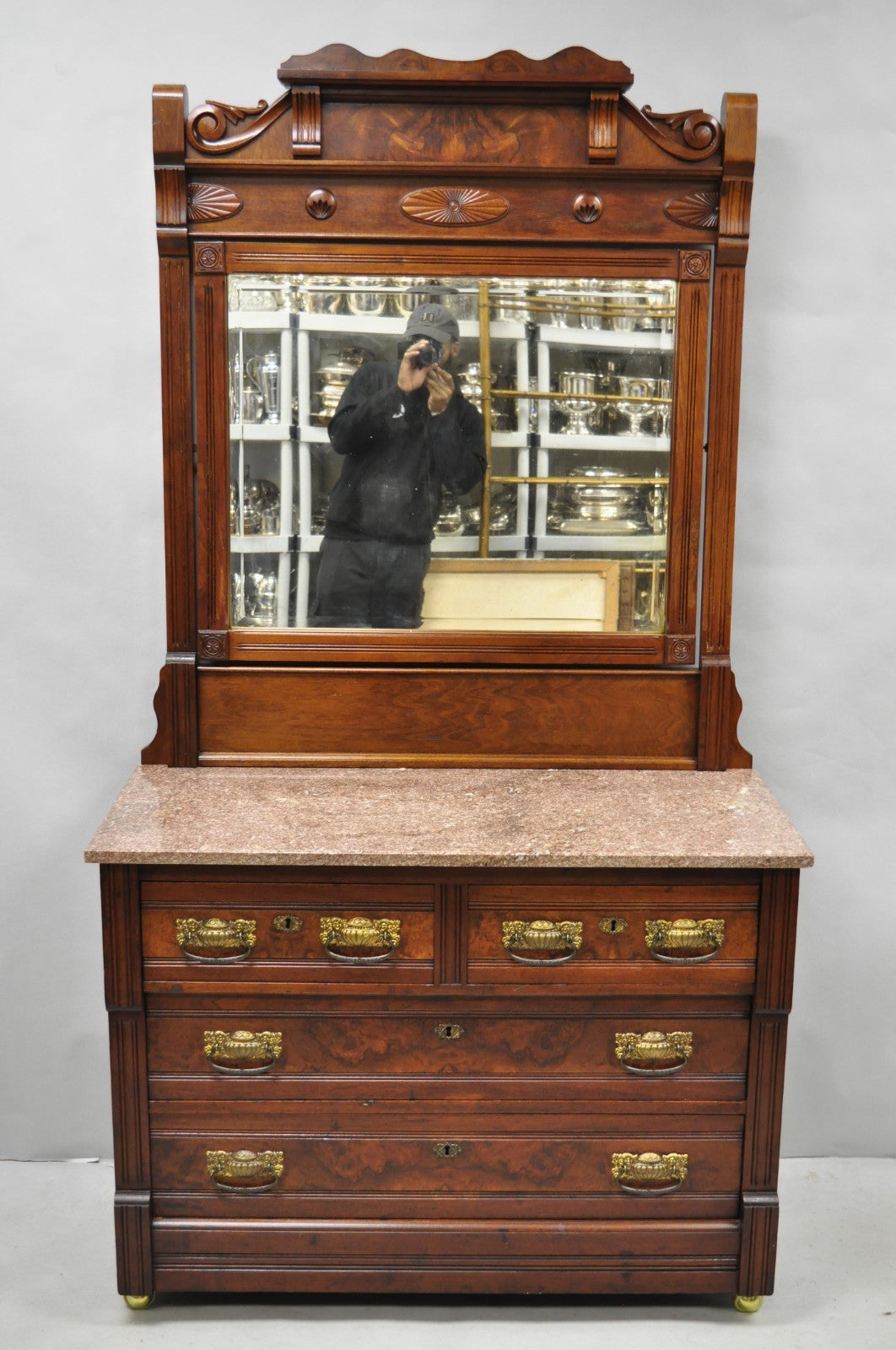 Antique Eastlake Victorian Burl Walnut Marble Top Washstand Dresser w/ Mirror