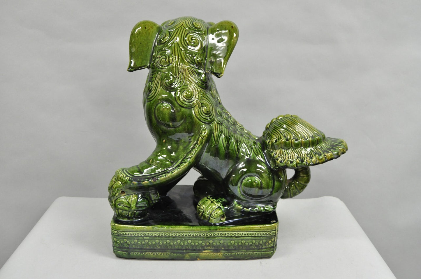 Vintage Chinoiserie Green Majolica Glazed Ceramic 22" Chinese Foo Dog Statue