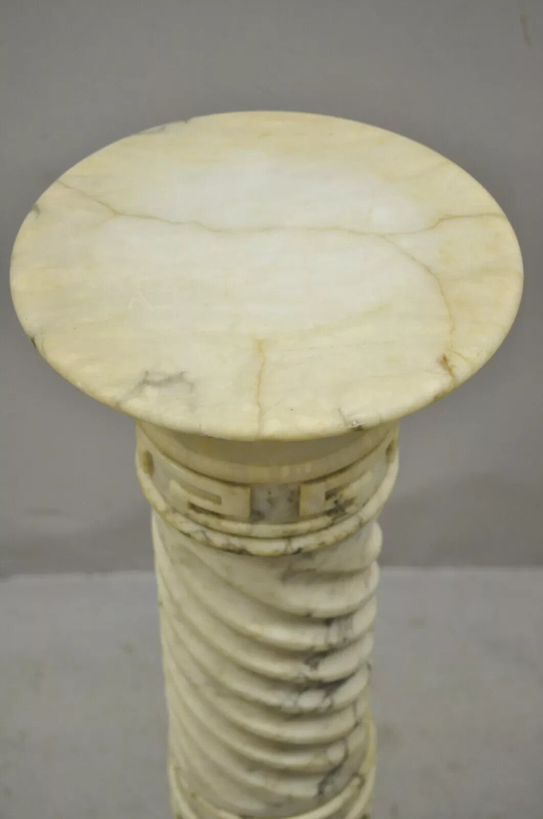 Italian Neoclassical Spiral Carved Marble Greek Key Column Pedestal Plant Stand