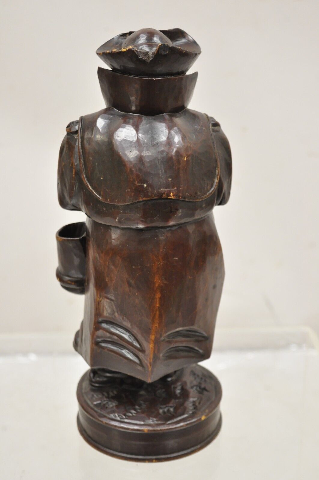 19th C. Black Forest Figural Wood Carved Night Watchman Lidded Tobacco Jar Box