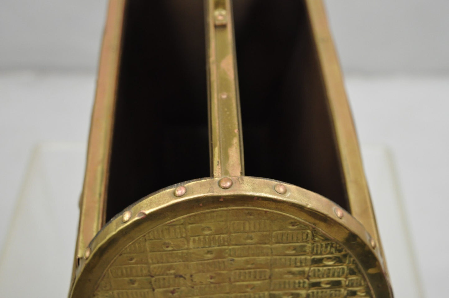 English Colonial Embossed Brass Farmer Horse-Drawn Plow Magazine Rack Holder