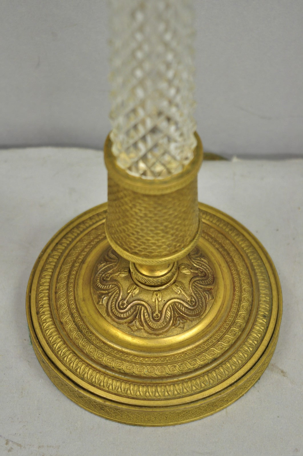 Antique French Empire Gilt Bronze Crystal Column Small Candlestick Table Lamp