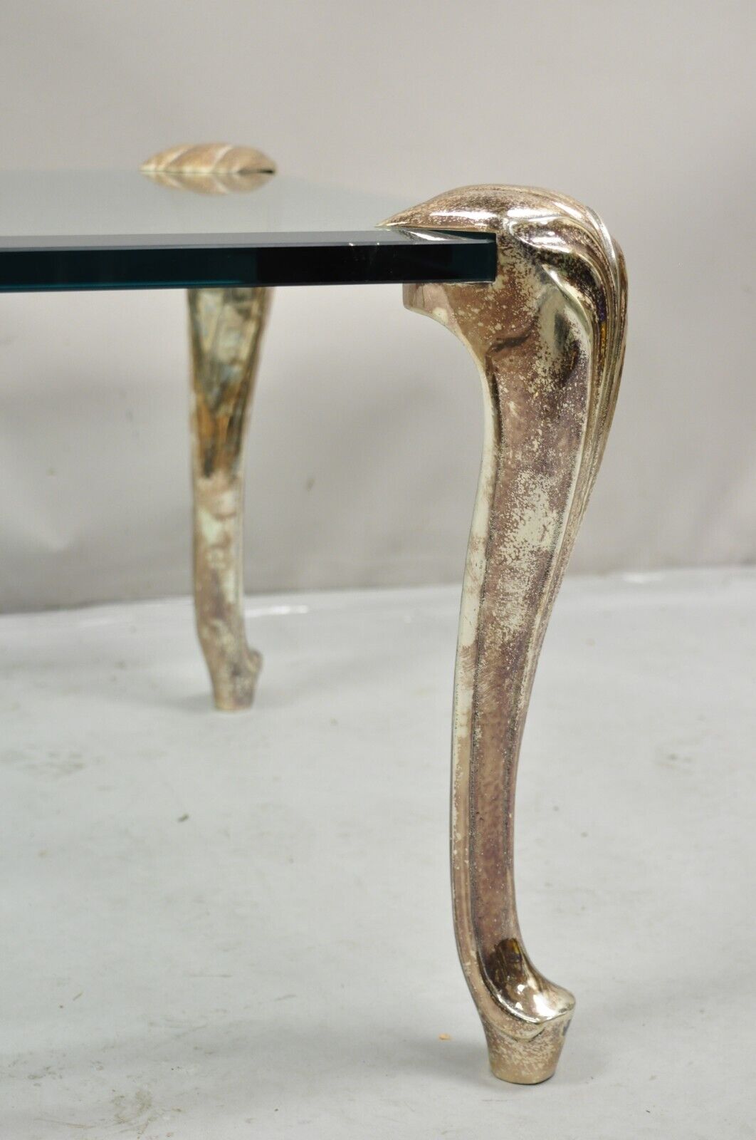 Vintage French Hollywood Regency Beveled Glass Bronze Cabriole Leg Coffee Table