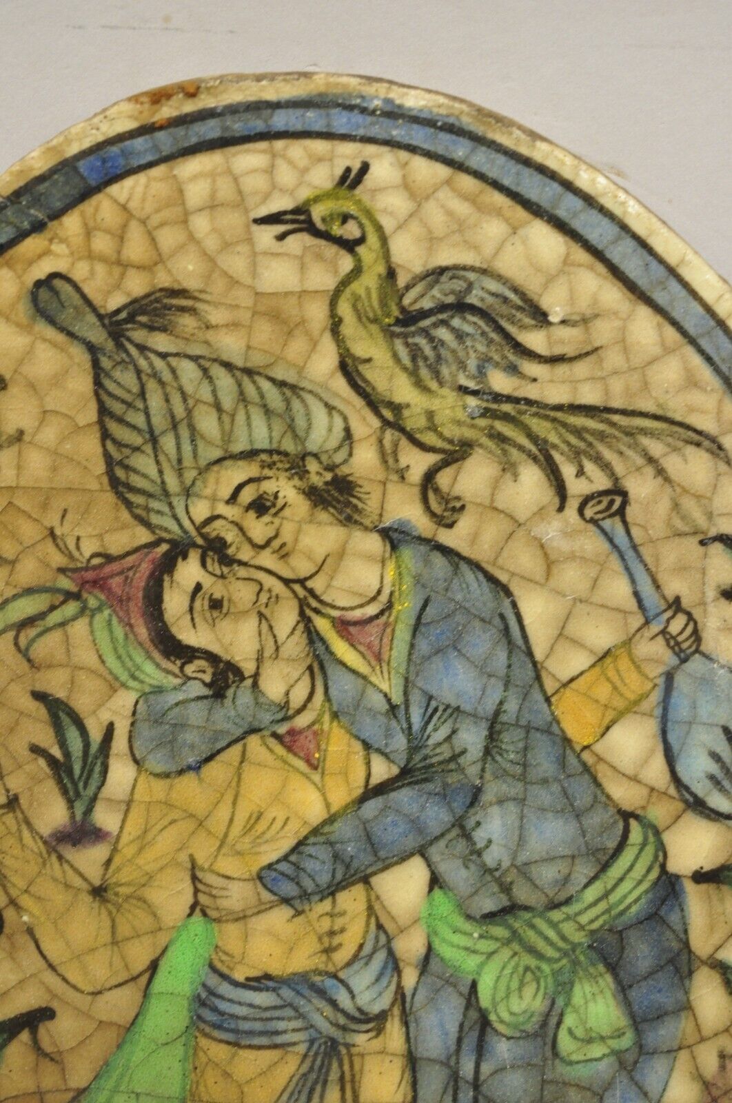 Antique Persian Iznik Qajar Style Oval Ceramic Pottery Tile Loving Embrace C2