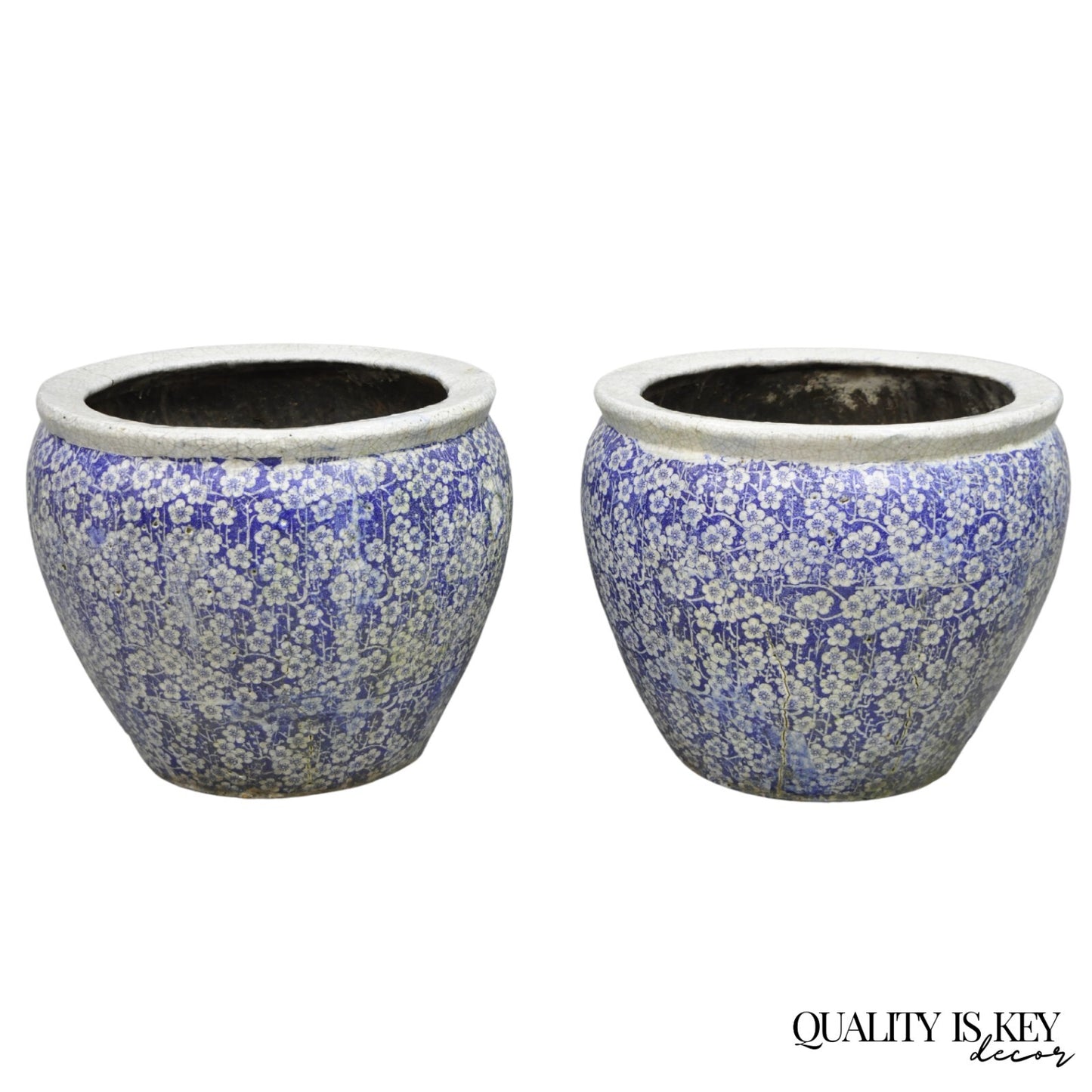 Antique Chinoiserie Large Blue White Terracotta 23" Jardiniere Planter Pot Pair
